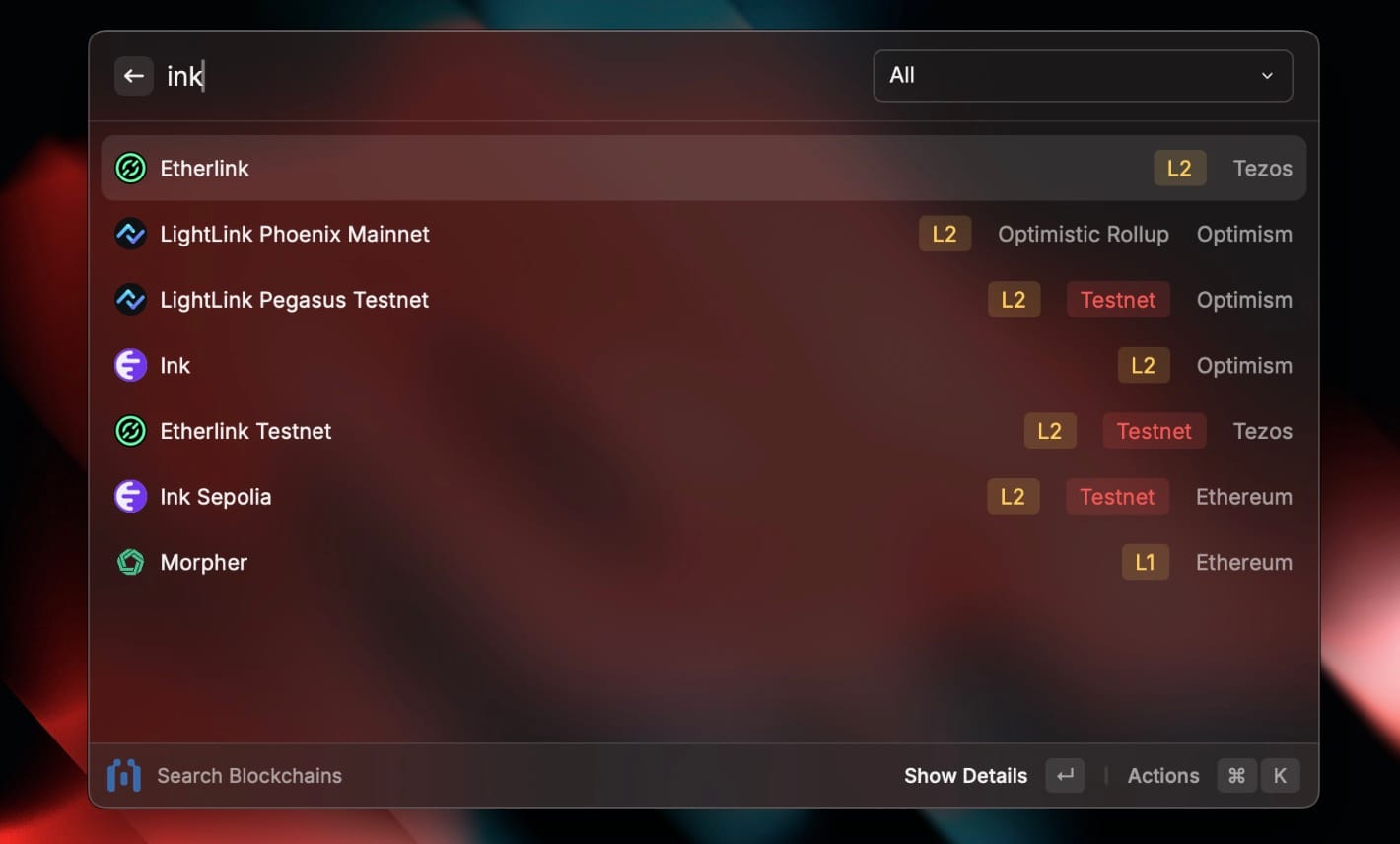 Blockchain network search results showing Ethereum, LightLink, Ink, and Morpher networks with L1/L2 designations and network types including mainnet and testnet options