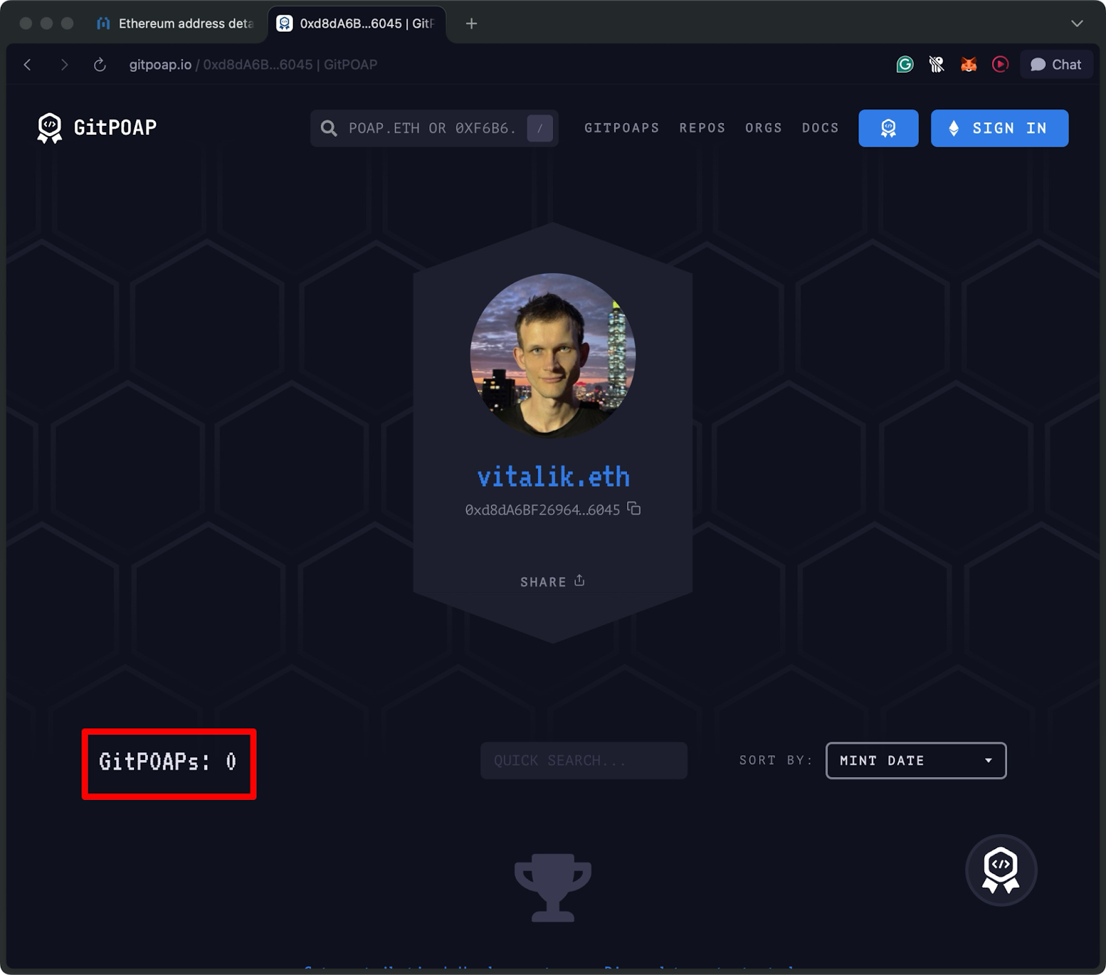GitPOAP profile page for vitalik.eth showing Ethereum wallet address and zero GitPOAPs earned