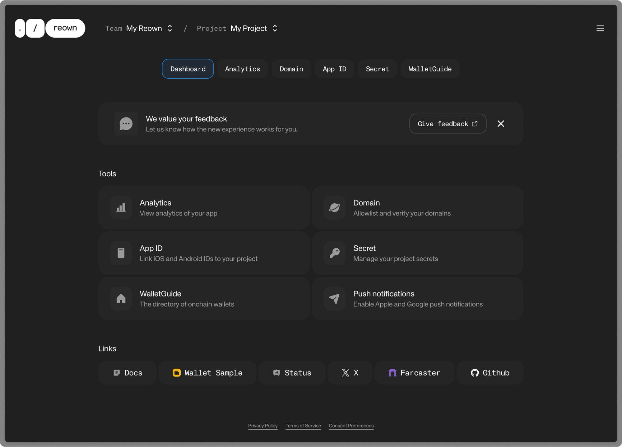 Reown project dashboard 2025 — Web3 onchain UX workspace with analytics, domain verification, app ID linking, WalletGuide, project secrets, and push notifications