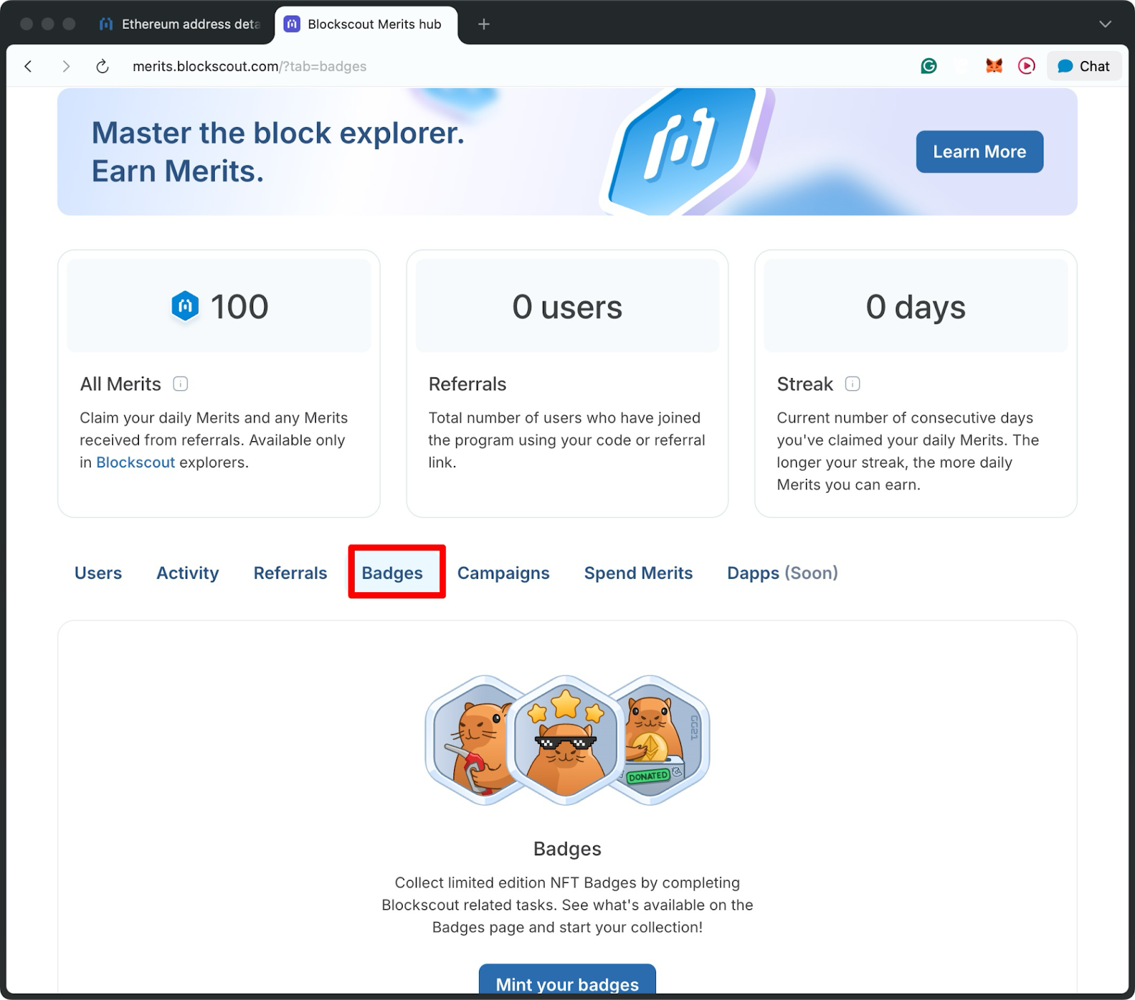 Blockscout Merits dashboard showing earned merits, referrals, streaks, and collectible NFT badges