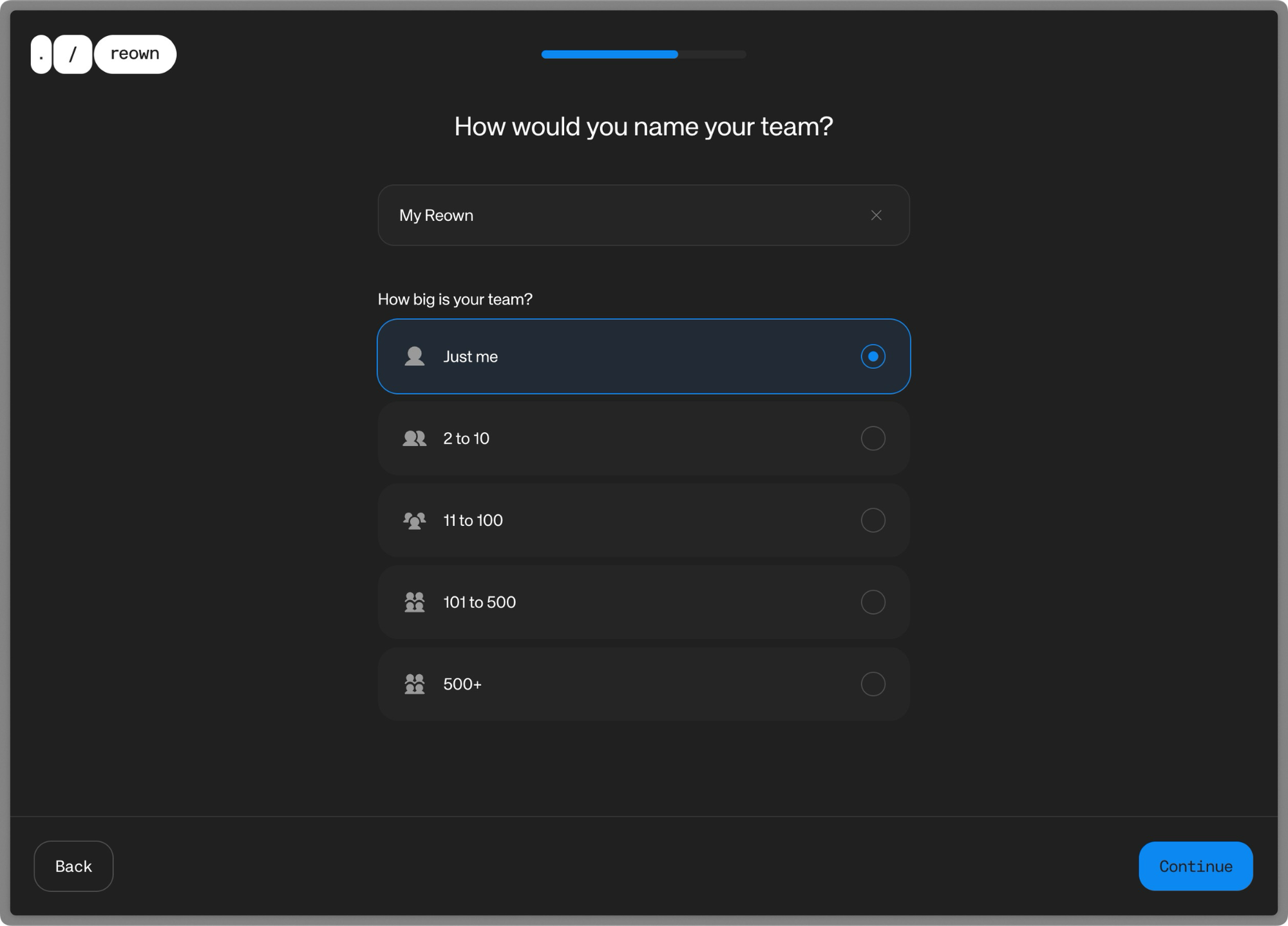 Reown team setup 2025 — onboarding screen to name a team and select size from individual user to 500+ members on Web3 onchain UX platform