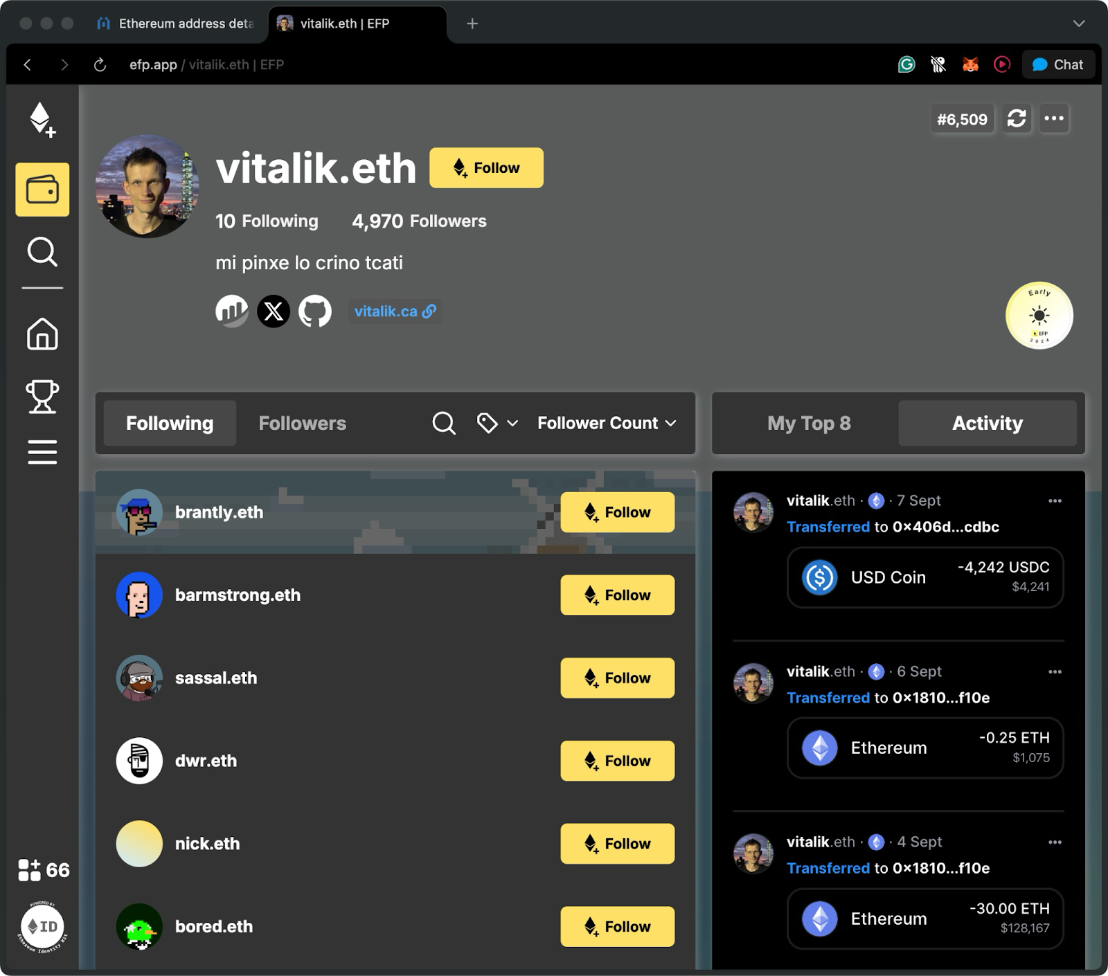 EFP profile page for vitalik.eth showing followers, following list, and recent Ethereum and USDC transactions