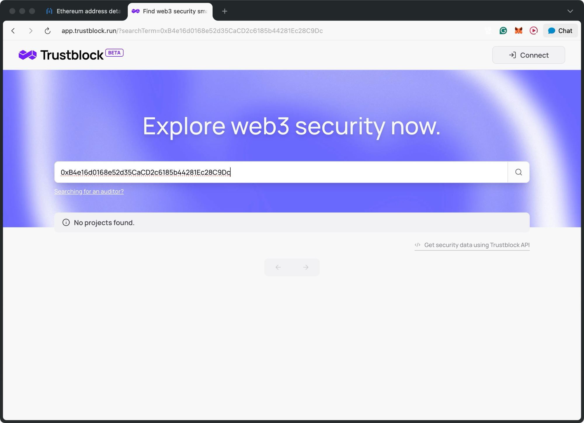 Trustblock security platform showing Ethereum contract address search with no audit projects found
