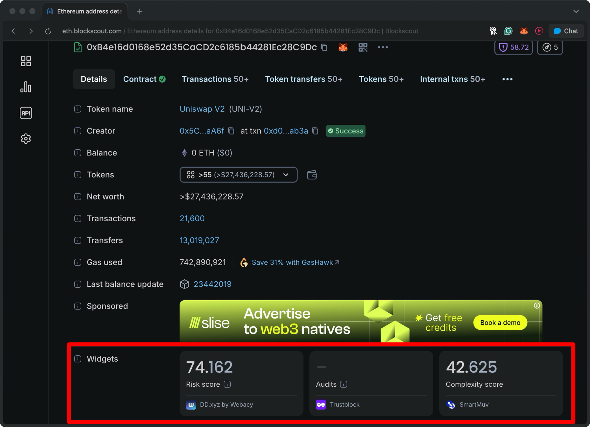Blockscout contract details page for Uniswap V2 showing risk score, audits, and complexity score widgets