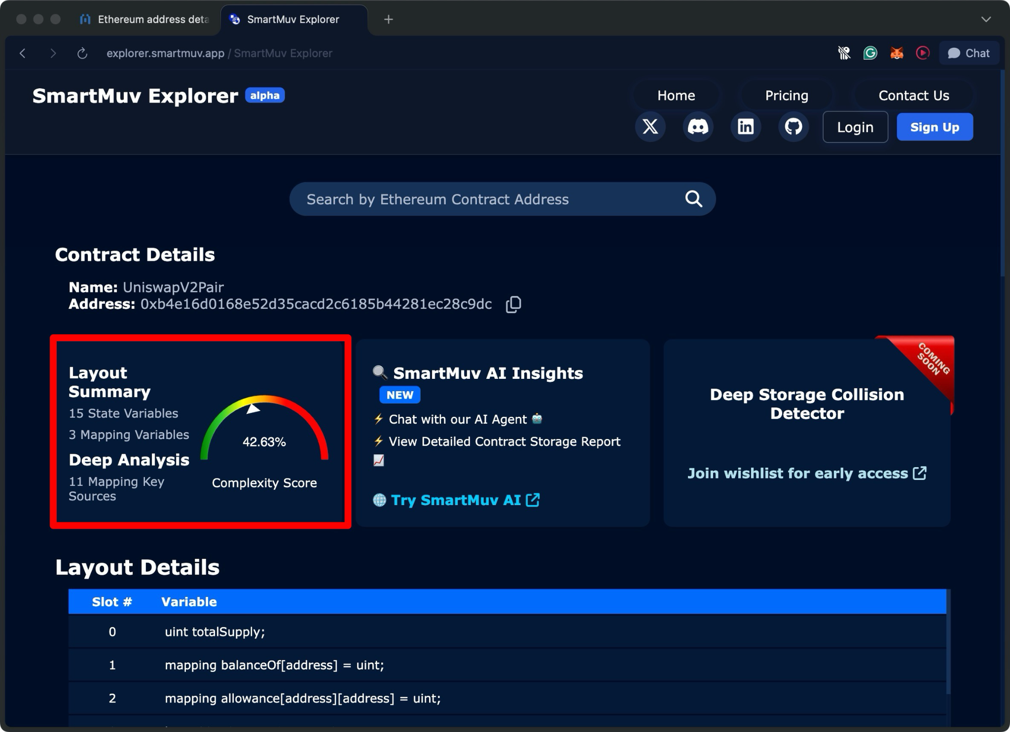 SmartMuv Explorer contract analysis showing layout summary, deep analysis, and complexity score for UniswapV2Pair