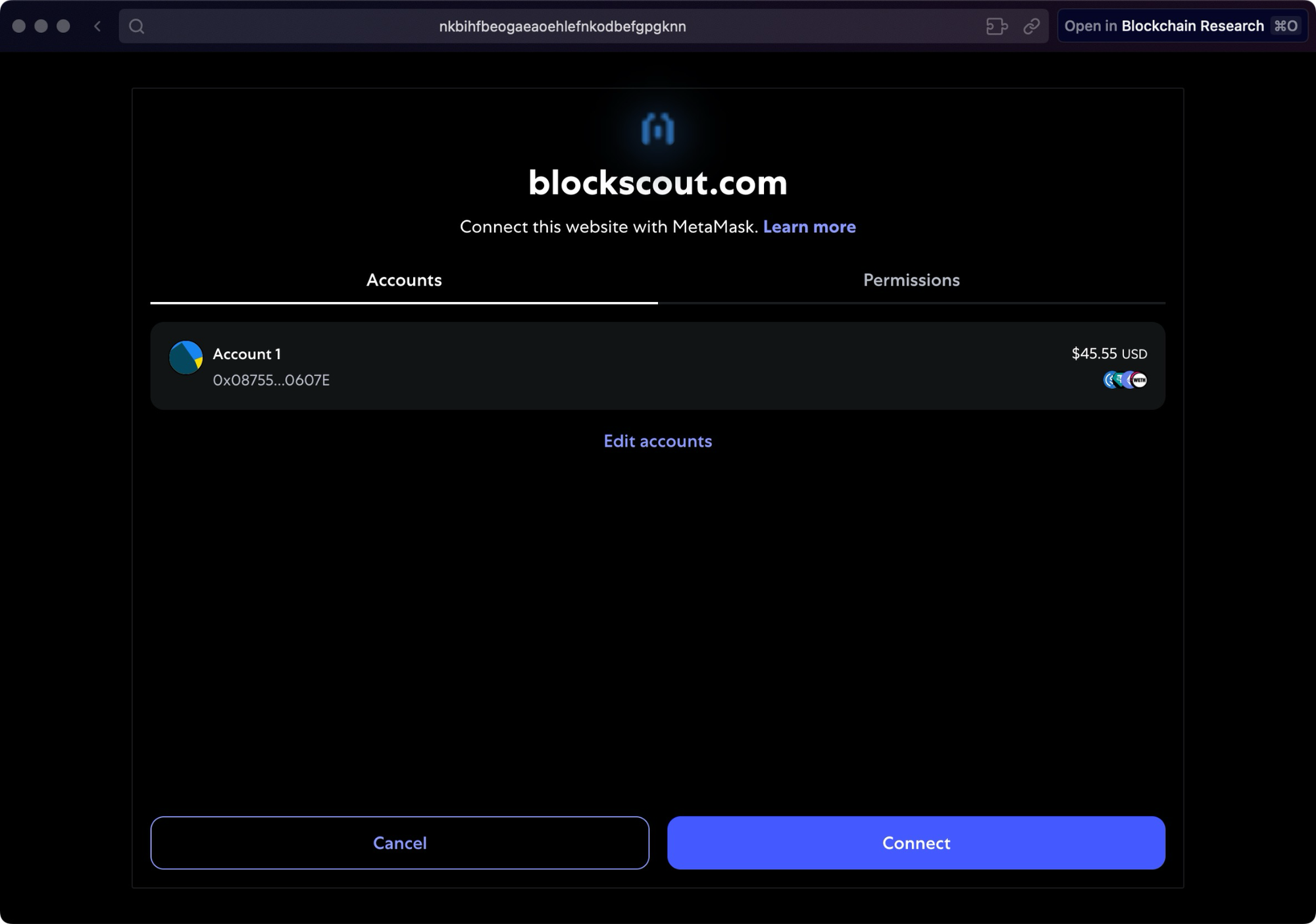 Connect MetaMask to Blockscout 2025 — wallet integration screen showing account selection, balance, and connect button for blockchain explorer access
