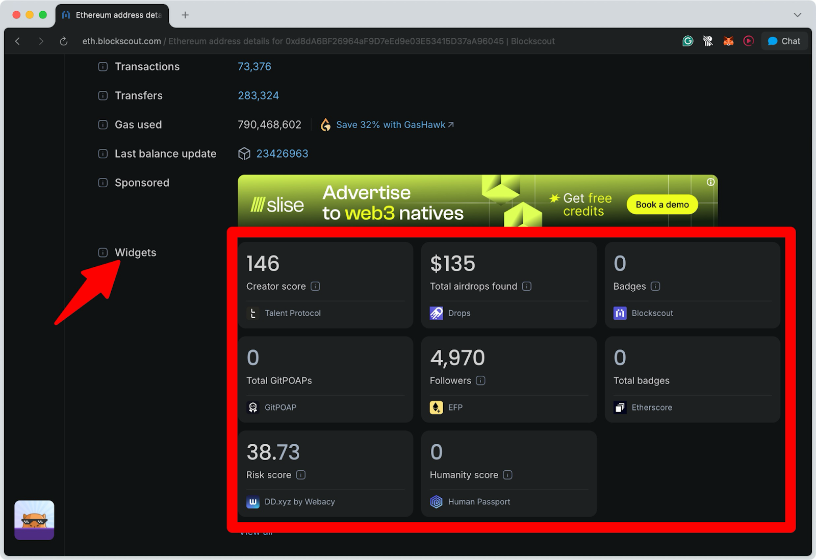 Ethereum Blockscout explorer showing wallet address widgets including creator score, airdrops, GitPOAPs, followers, risk score, and badges