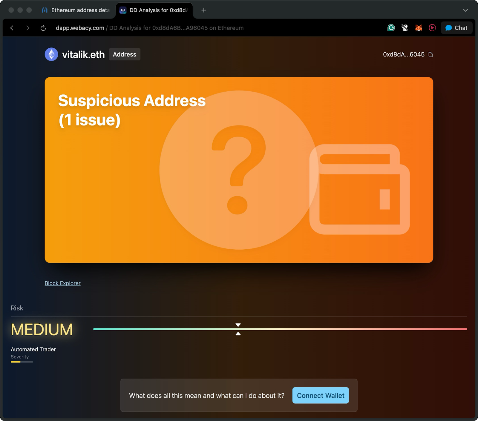 Webacy risk analysis for vitalik.eth showing suspicious address warning and medium risk rating