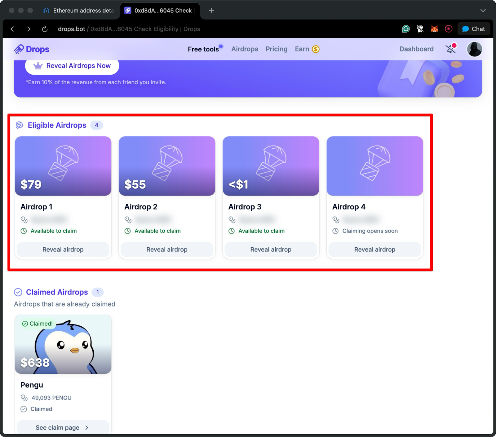 Drops dashboard showing eligible Ethereum airdrops with claimable amounts and claimed rewards