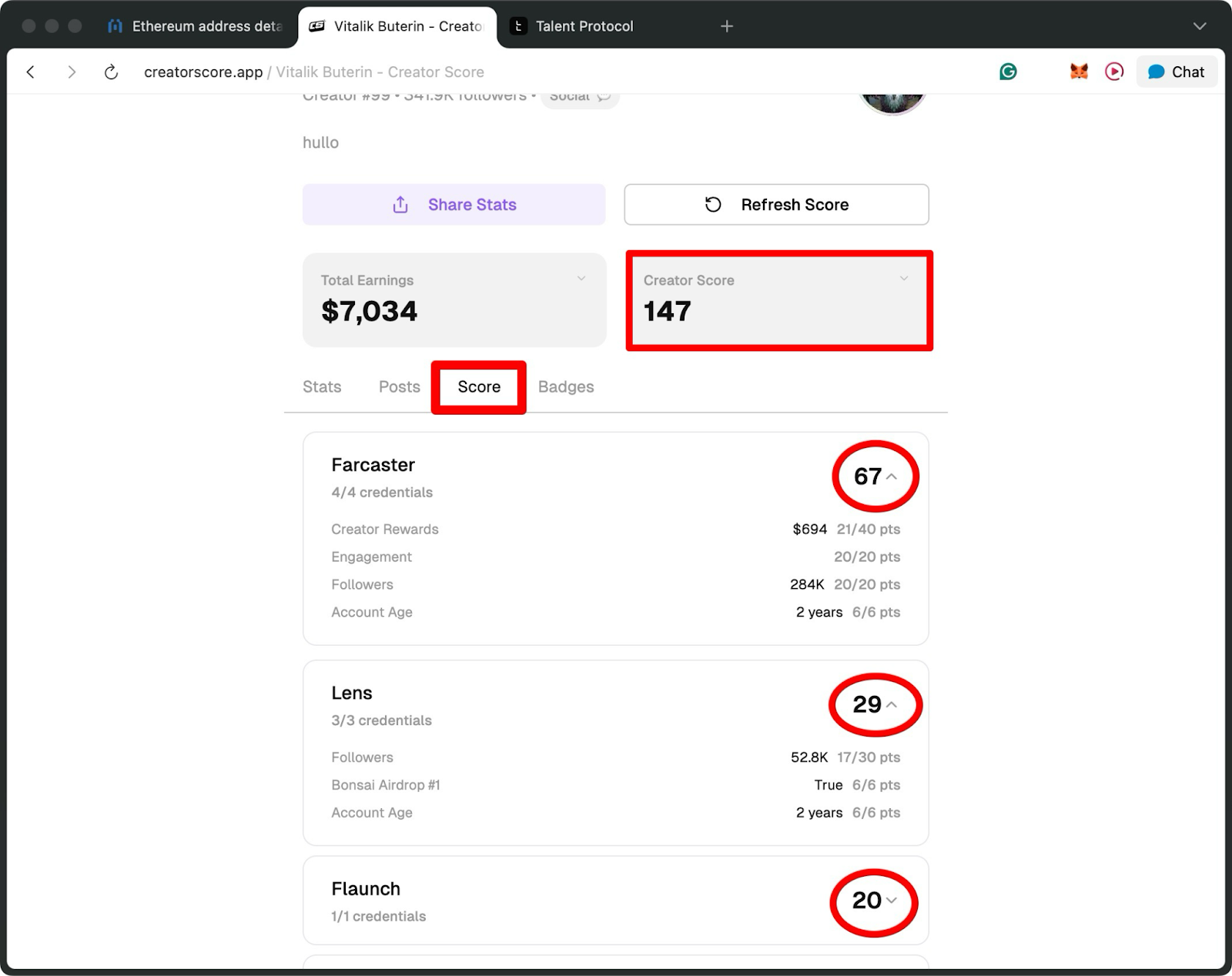 CreatorScore dashboard showing Vitalik Buterin’s creator score, total earnings, and platform-specific scores across Farcaster, Lens, and Flaunch