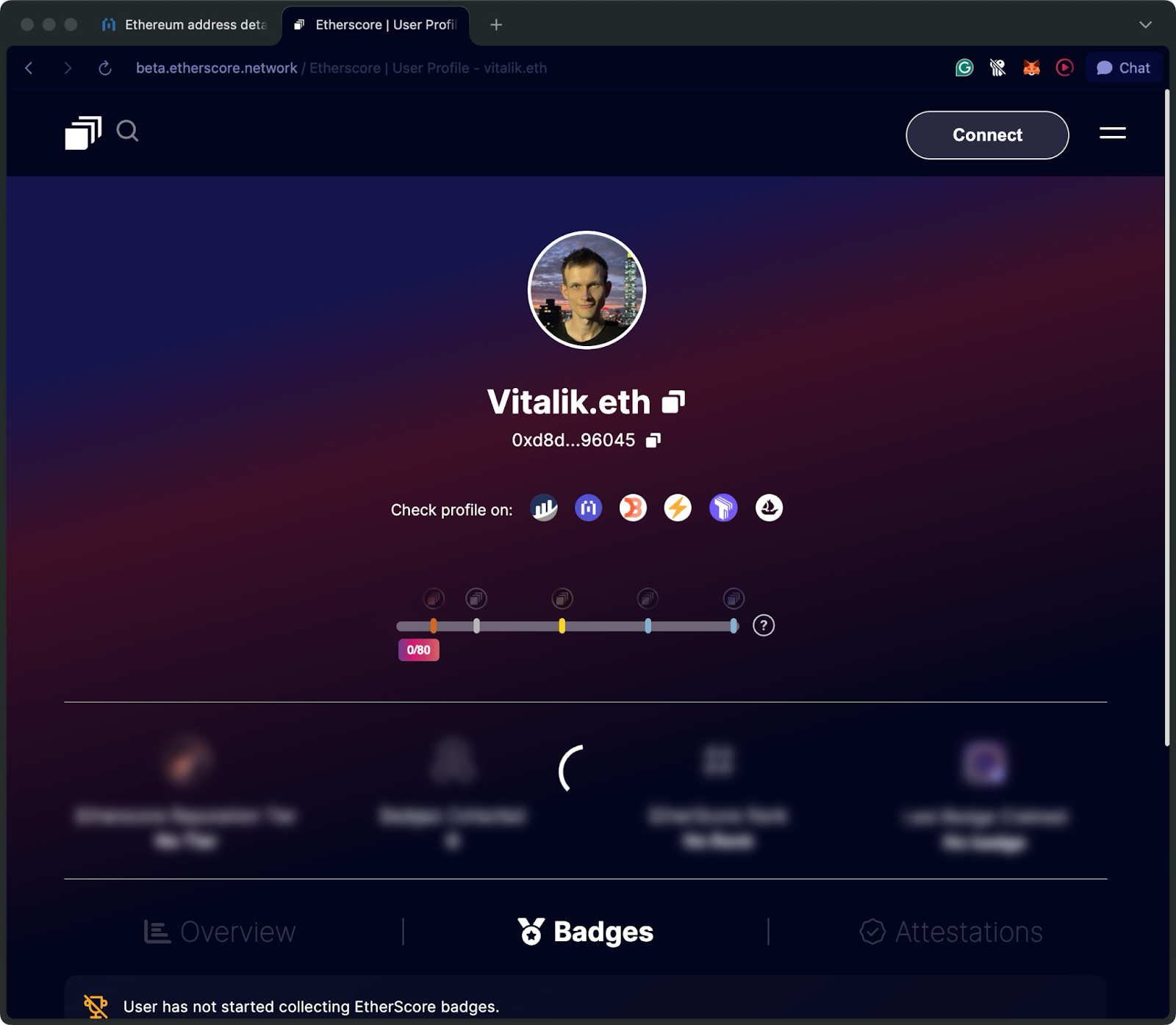 Etherscore profile page for vitalik.eth showing Ethereum wallet address, profile integrations, and badge progress
