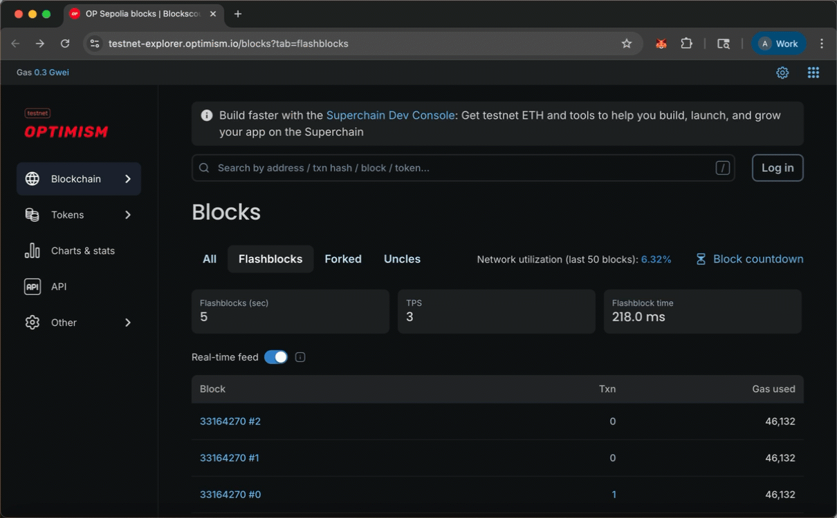 Blockscout OP Sepolia blockchain explorer showing Flashblocks feature with real-time block data, network stats, and transaction monitoring