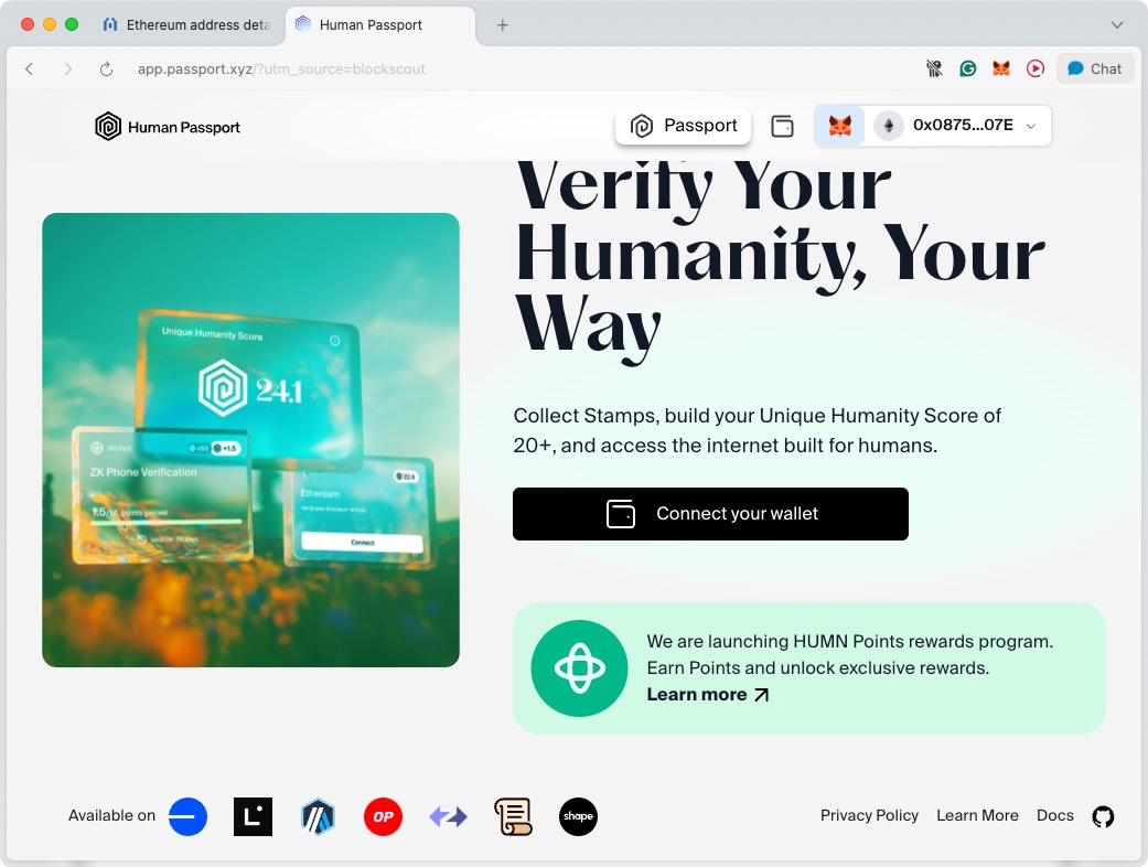 Human Passport dashboard explaining Unique Humanity Points and HUMN Points for Web3 verification and rewards