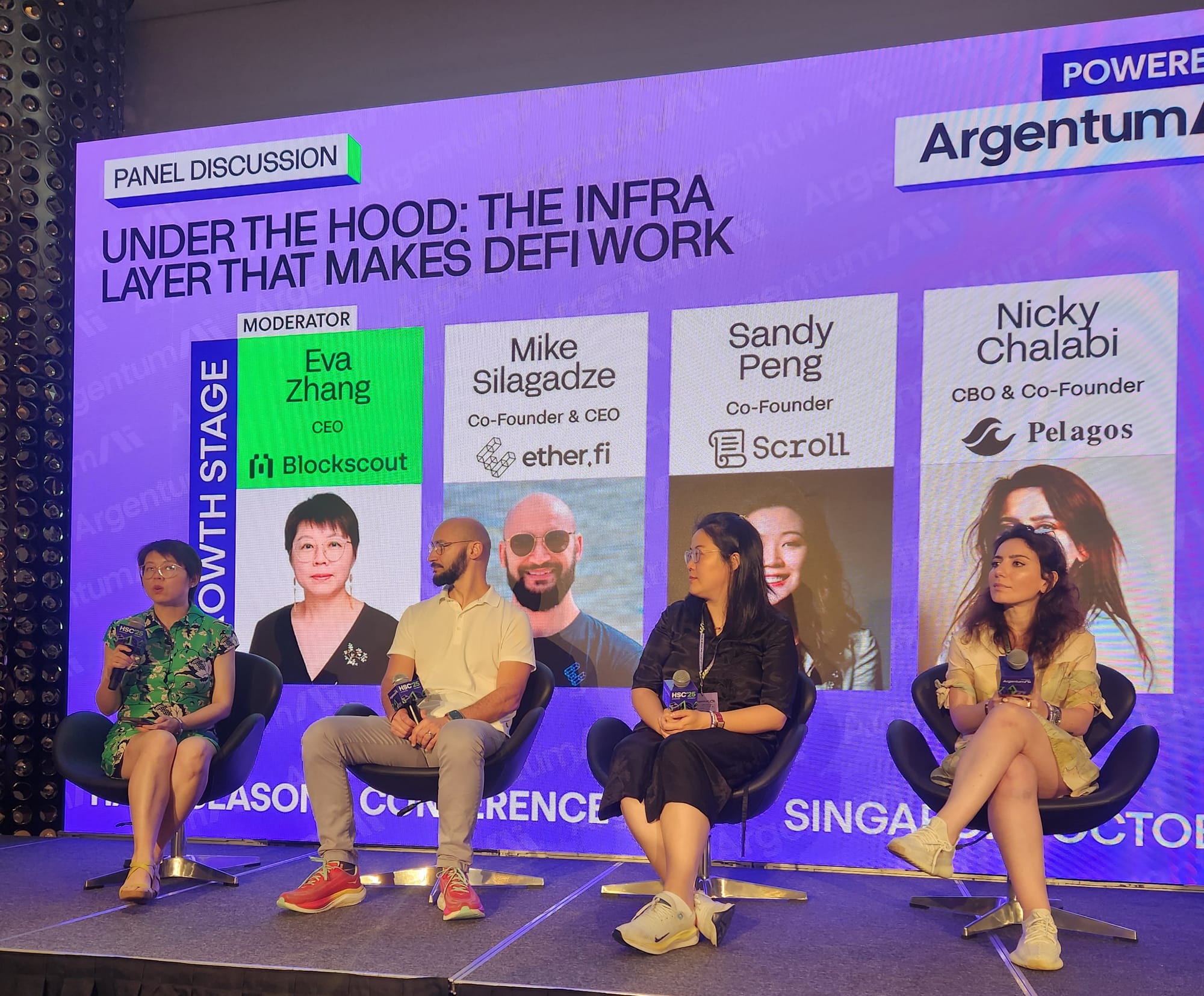 Blockscout CEO Eva Zhang moderating DeFi infrastructure panel with ether.fi, Scroll, and Pelagos founders