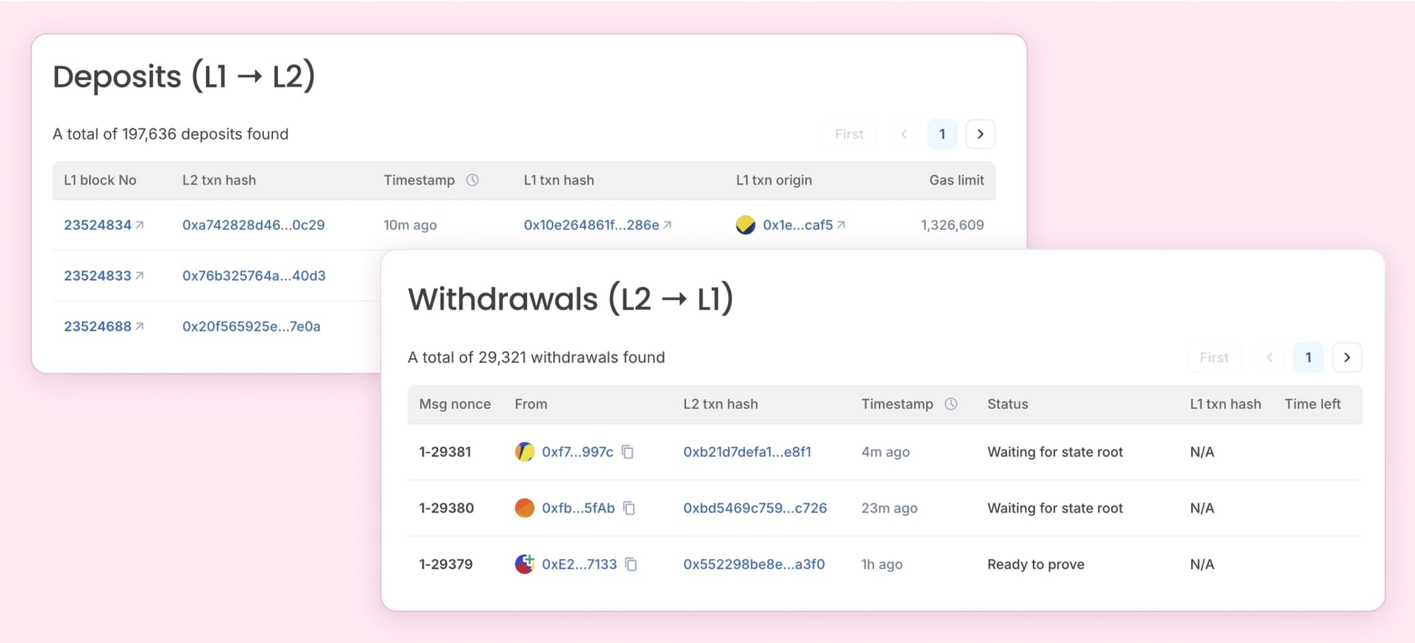 Blockscout surfaces dedicated views for deposits and withdrawals