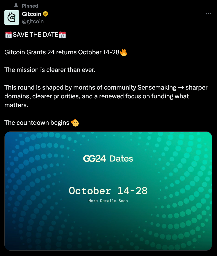 Gitcoin Grants 24 (GG24) save the date announcement October 14-28 funding round