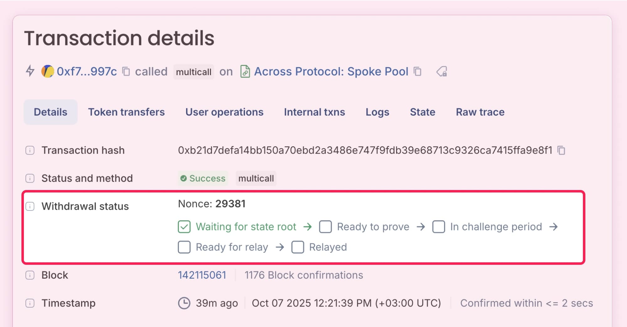 Blockscout tracks each step with clear status labels like Waiting for state root, Ready to prove and Relayed.