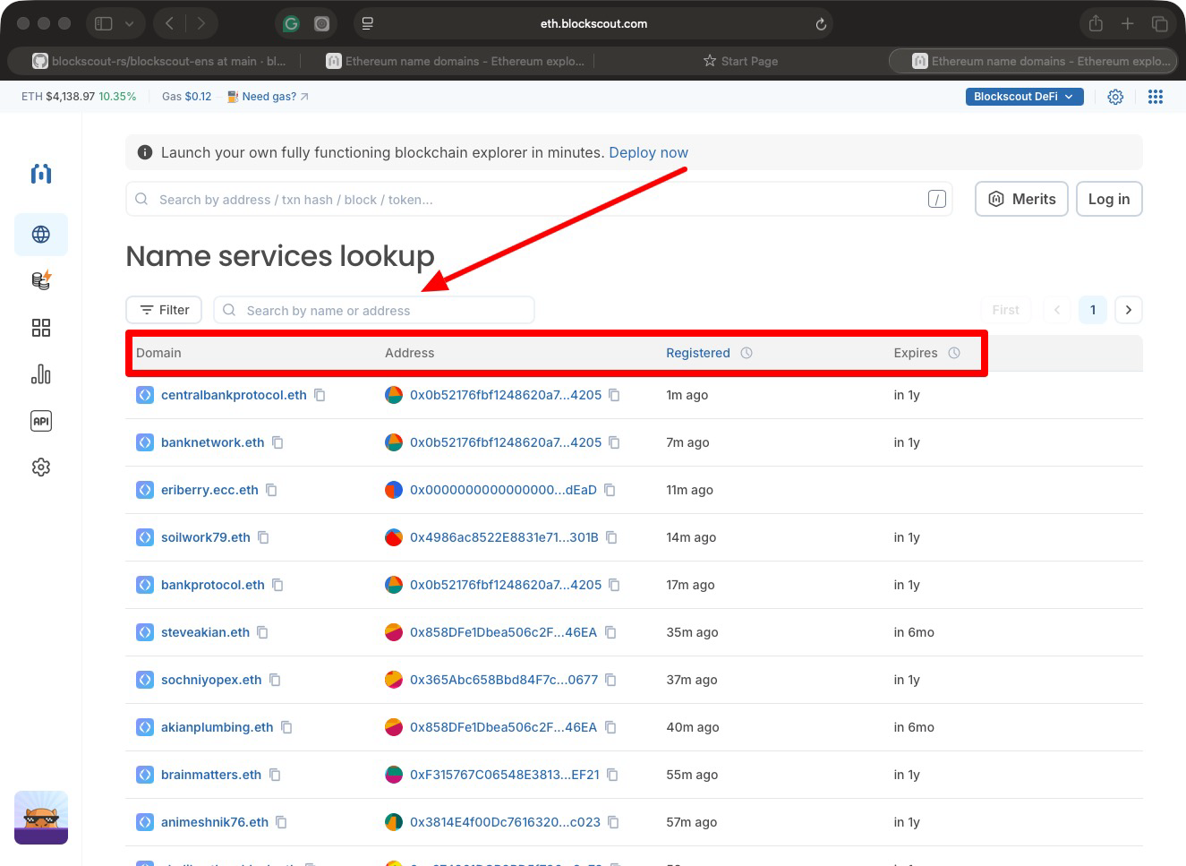 Blockscout Ethereum Name Services (ENS) lookup interface displaying recent domain registrations, including centralbankproto.eth, banknetwork.eth, and eriberry.cc.eth, with associated wallet addresses, registration timestamps, and expiry dates.