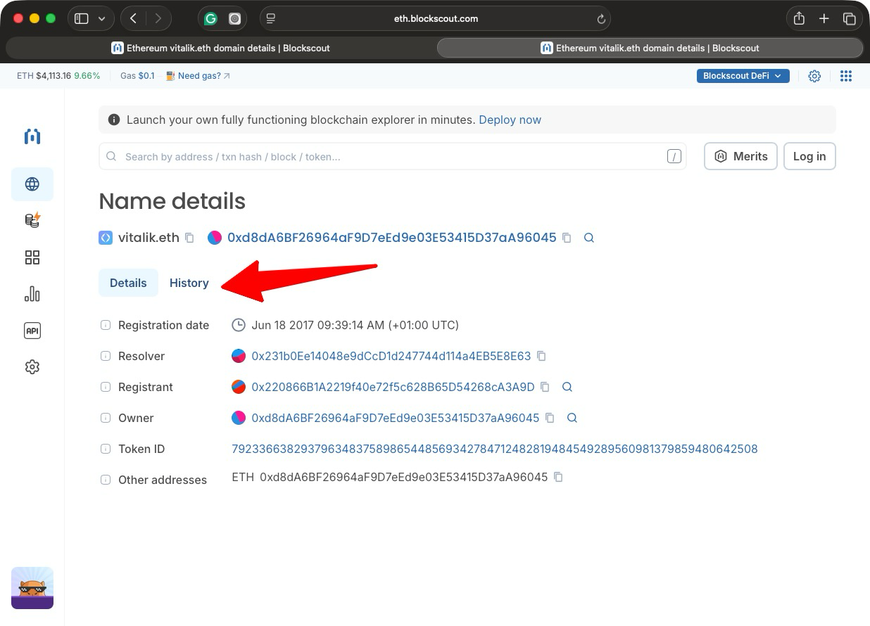 Blockscout Ethereum ENS vitalik.eth domain details, highlighting the History tab, with registration date June 18, 2017, resolver address, registrant, owner wallet 0xd8aBf26964aF9D7eD9e0E53415D37A96045, token ID, and other associated addresses.