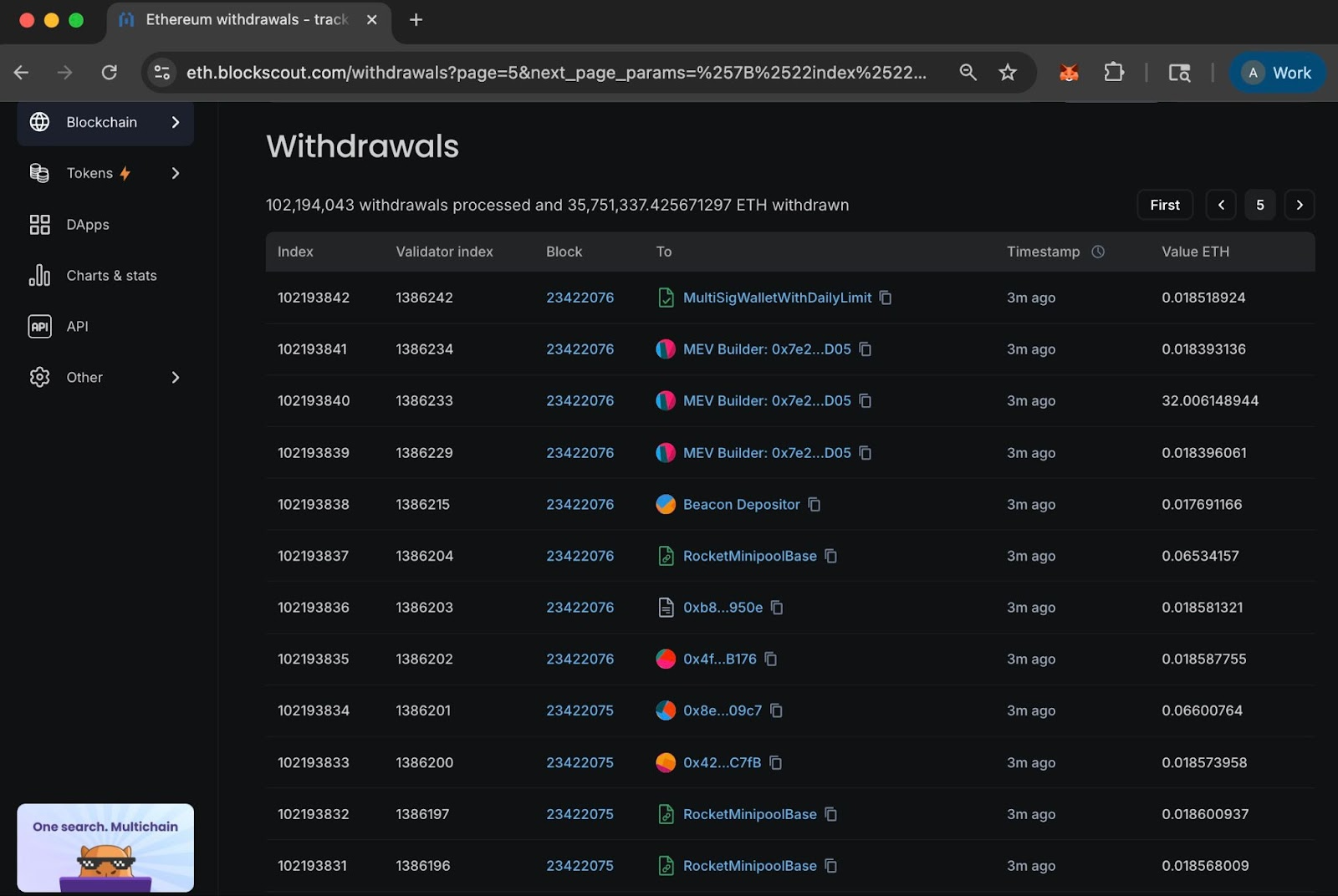 Blockscout Ethereum withdrawals page displaying validator withdrawal transactions with block numbers timestamps and ETH values