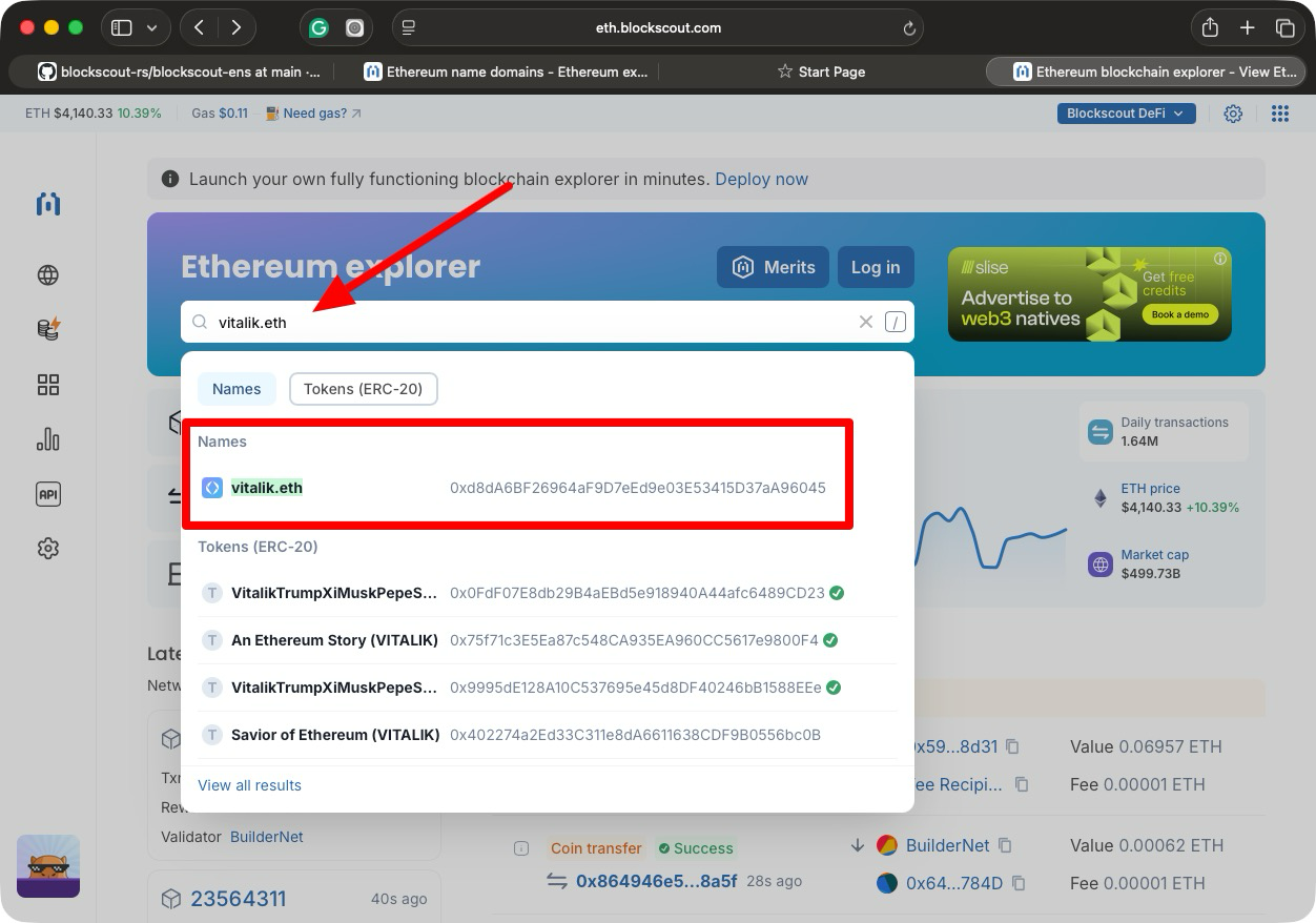 Blockscout Ethereum blockchain explorer displaying search results for vitalik.eth ENS domain, featuring associated ERC-20 tokens like VitalikTrumpXMus and recent coin transfer transaction details.