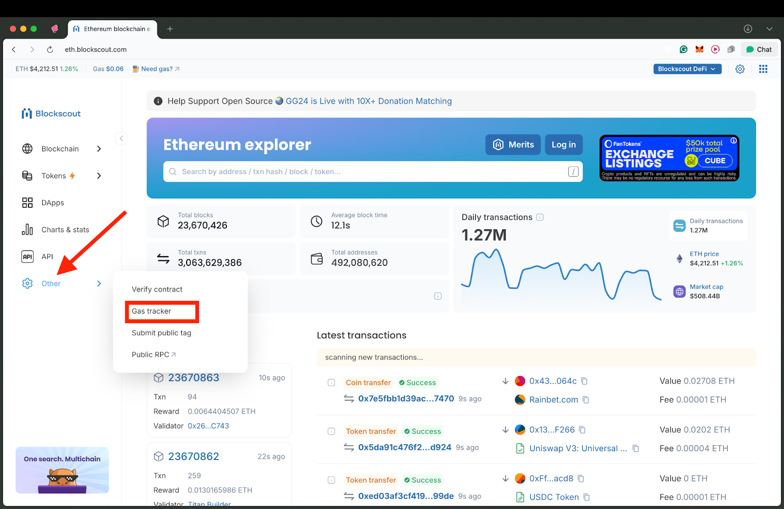 Blockscout gas tracker navigation screenshot, find Ethereum gas prices Blockscout, ETH gas tracking guide