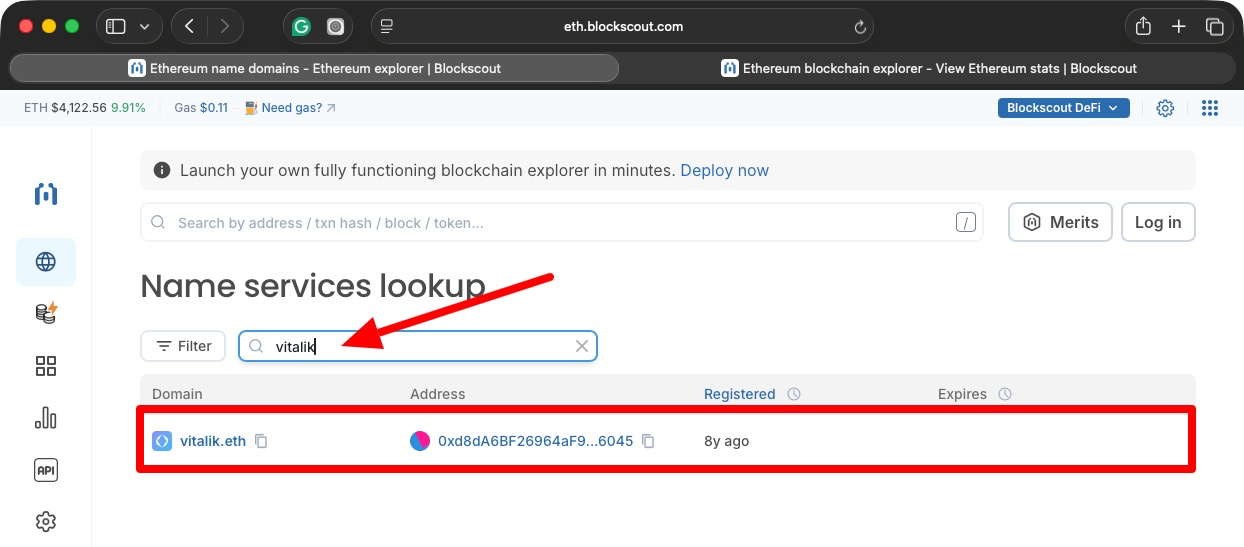 lockscout Ethereum Name Services (ENS) lookup interface filtering for "vitalik", highlighting vitalik.eth domain details with associated wallet address, registration 8 years ago, and expiry date