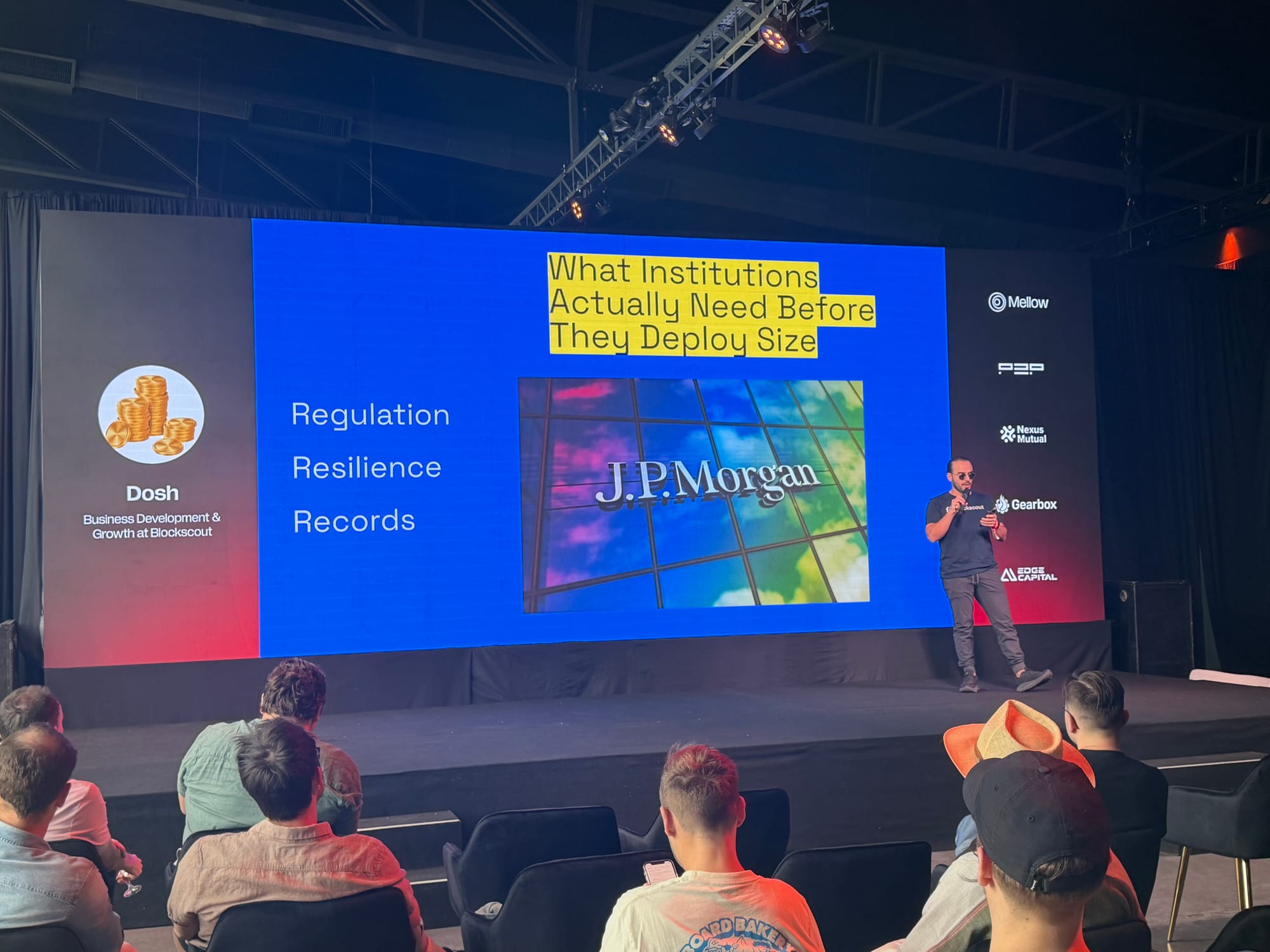 Institutional blockchain adoption presentation by Blockscout at Onchain Capital Summit Buenos Aires covering regulatory requirements and institutional DeFi deployment hosted by Mellow protocol