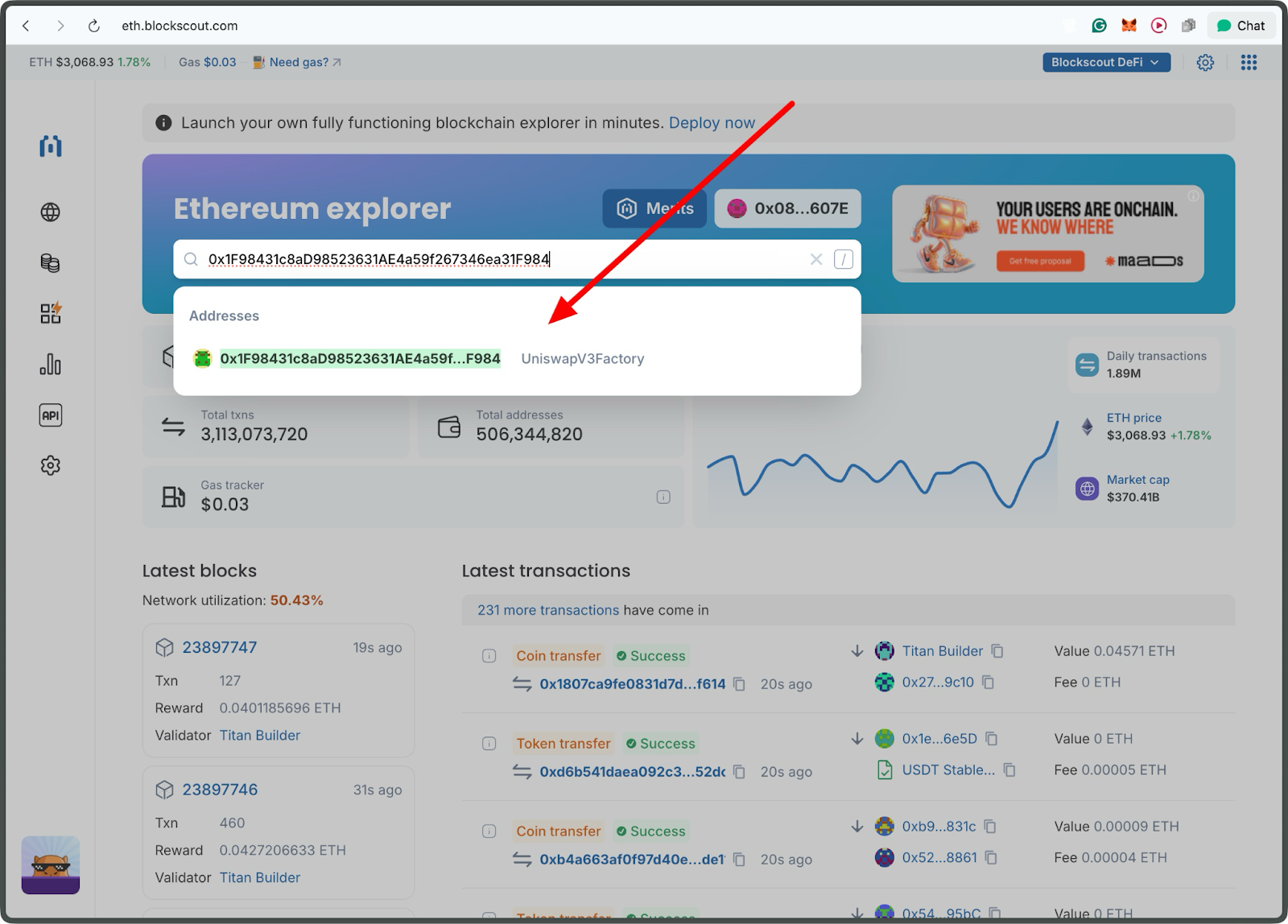 Blockscout homepage search interface with arrow highlighting Uniswap V3 Factory smart contract address appearing in address search suggestions dropdown