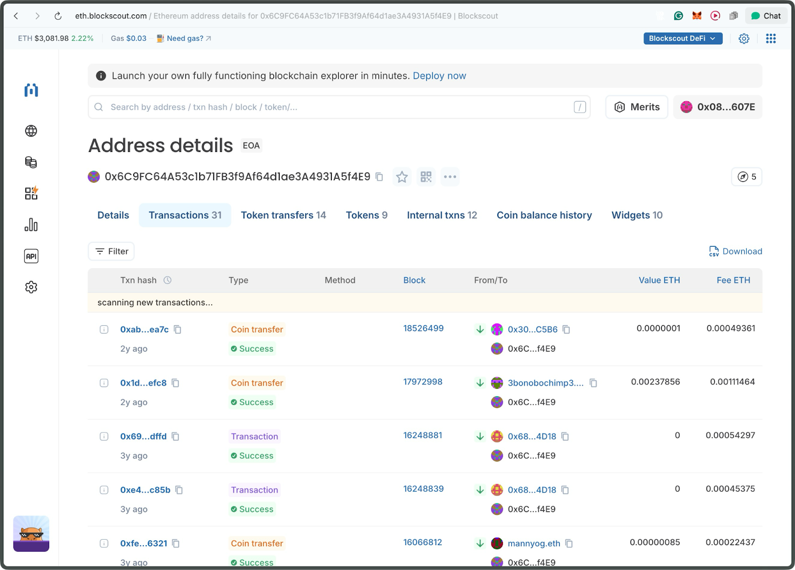 Blockscout Ethereum explorer Address details for EOA wallet displaying transaction list with coin transfers, block numbers, addresses, ETH values and fees