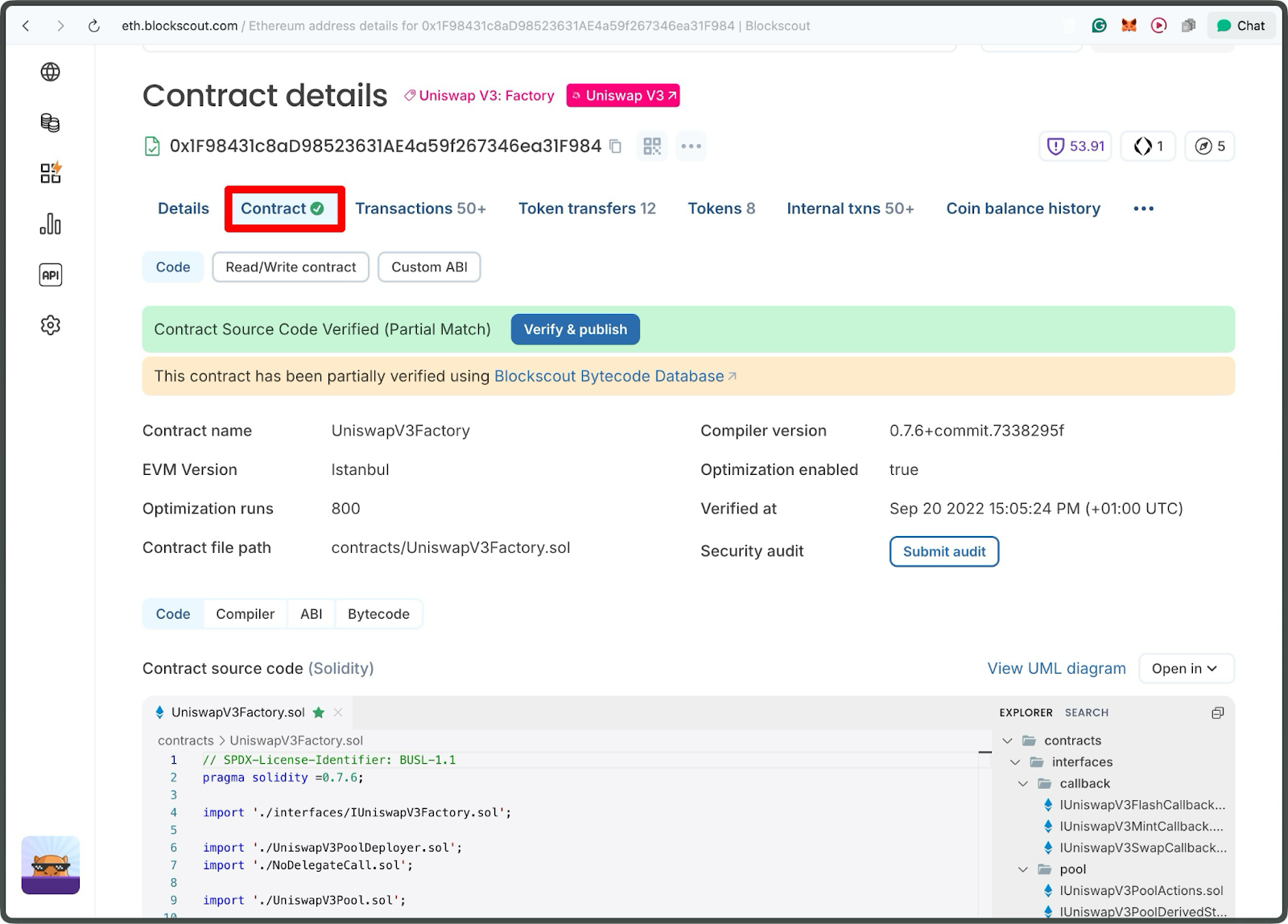 Blockscout Ethereum explorer Contract tab displaying verified Uniswap V3 Factory smart contract information, compiler settings, and Solidity source code with file structure