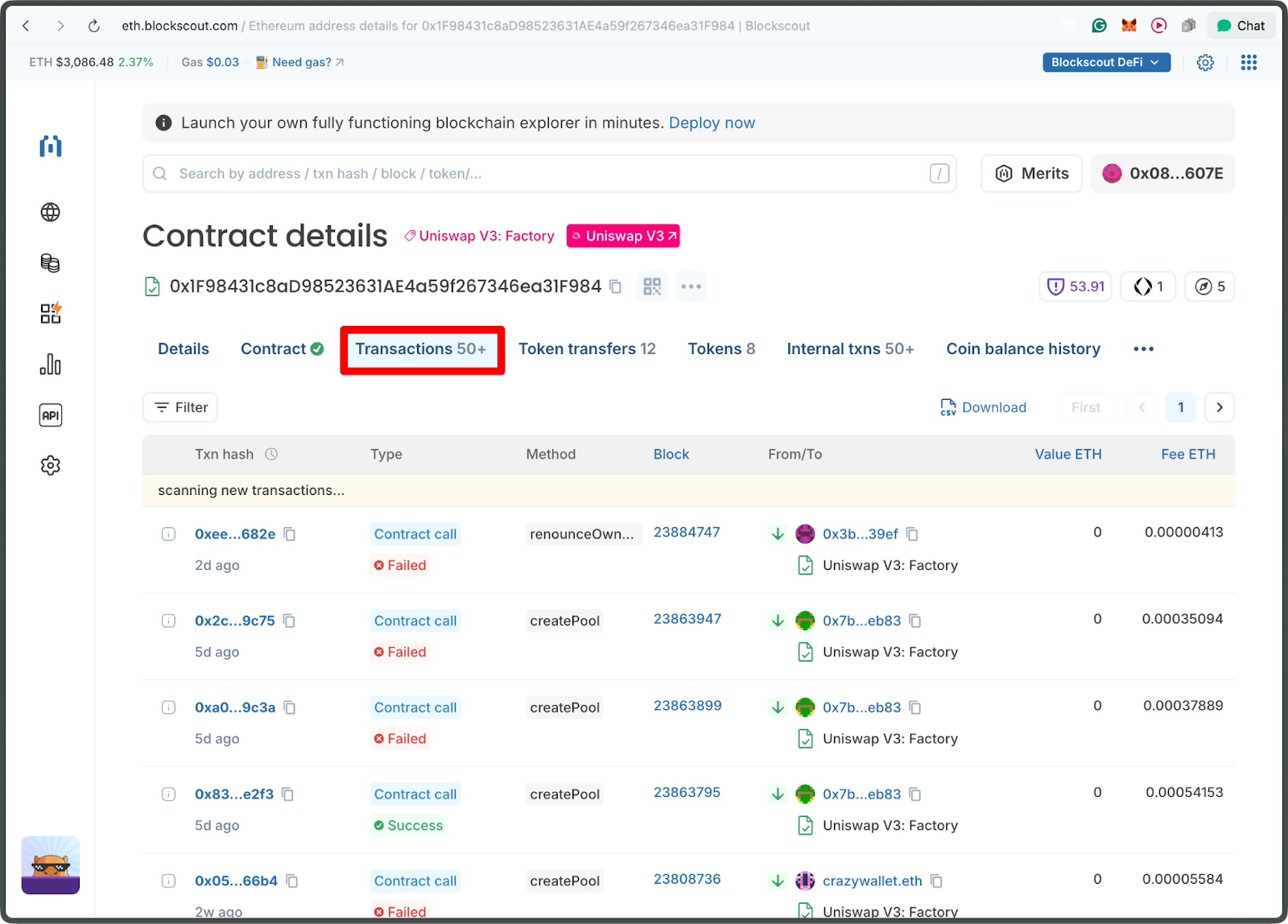 Blockscout Ethereum explorer Transactions tab highlighted displaying Uniswap V3 Factory smart contract transaction list with createPool methods, block numbers, and transaction status