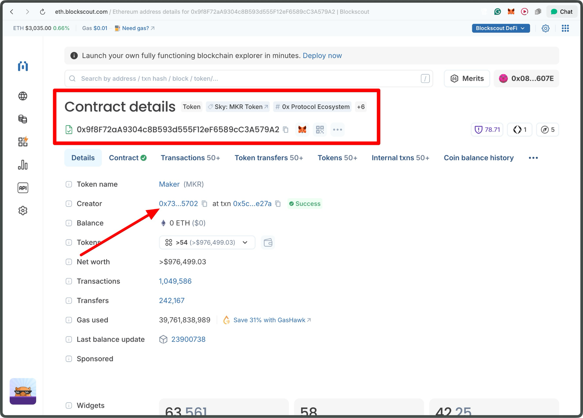 Blockscout Ethereum explorer displaying Maker (MKR) token contract details with Sky: MKR Token and 0x Protocol Ecosystem tags highlighted, arrow pointing to creator address and deployment transaction