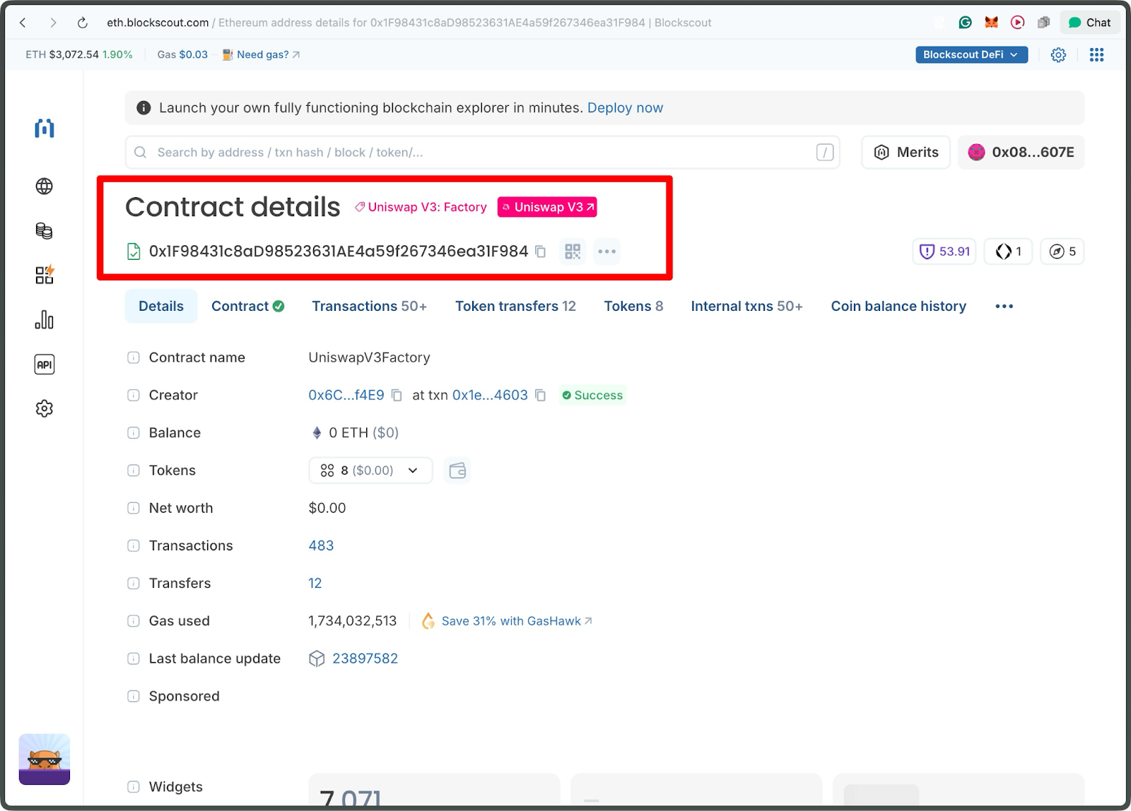 Blockscout Ethereum explorer Contract details page with header section highlighted displaying Uniswap V3 Factory contract address, creator information, balance, and transaction statistics
