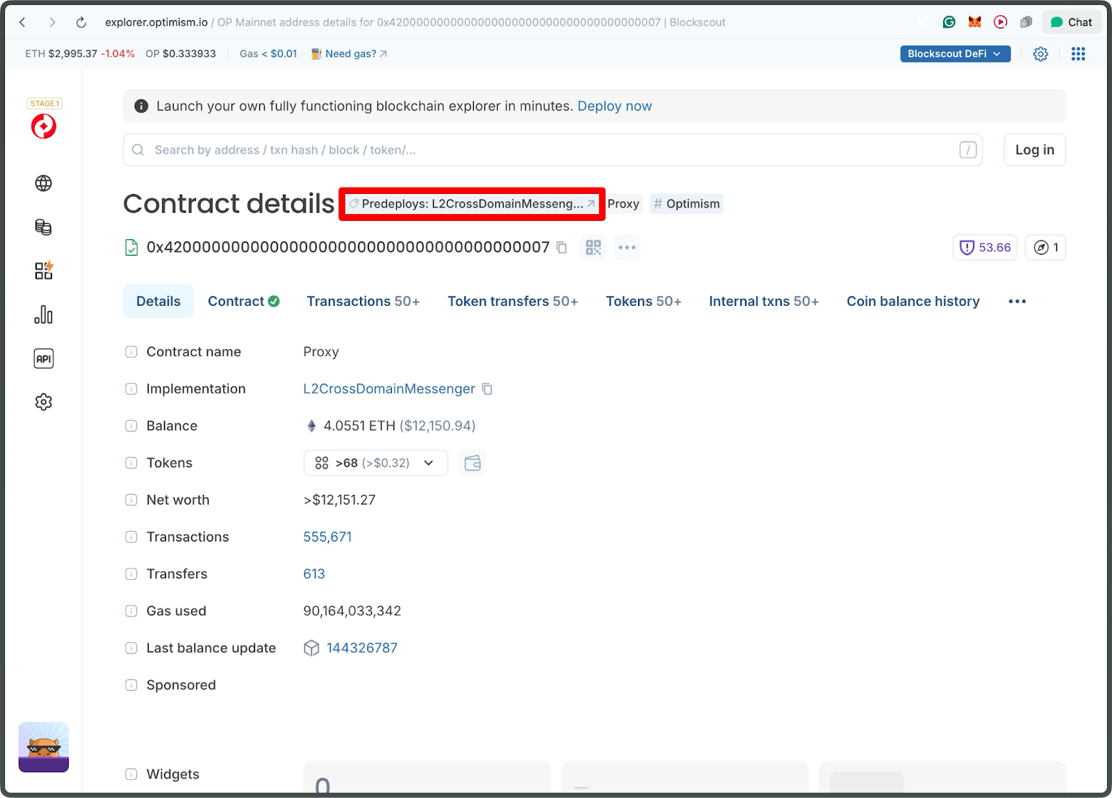 Blockscout OP Mainnet Contract details displaying L2CrossDomainMessenger proxy with Predeploys: L2CrossDomainMessenger tag highlighted, showing implementation address, balance, and transaction statisticsb