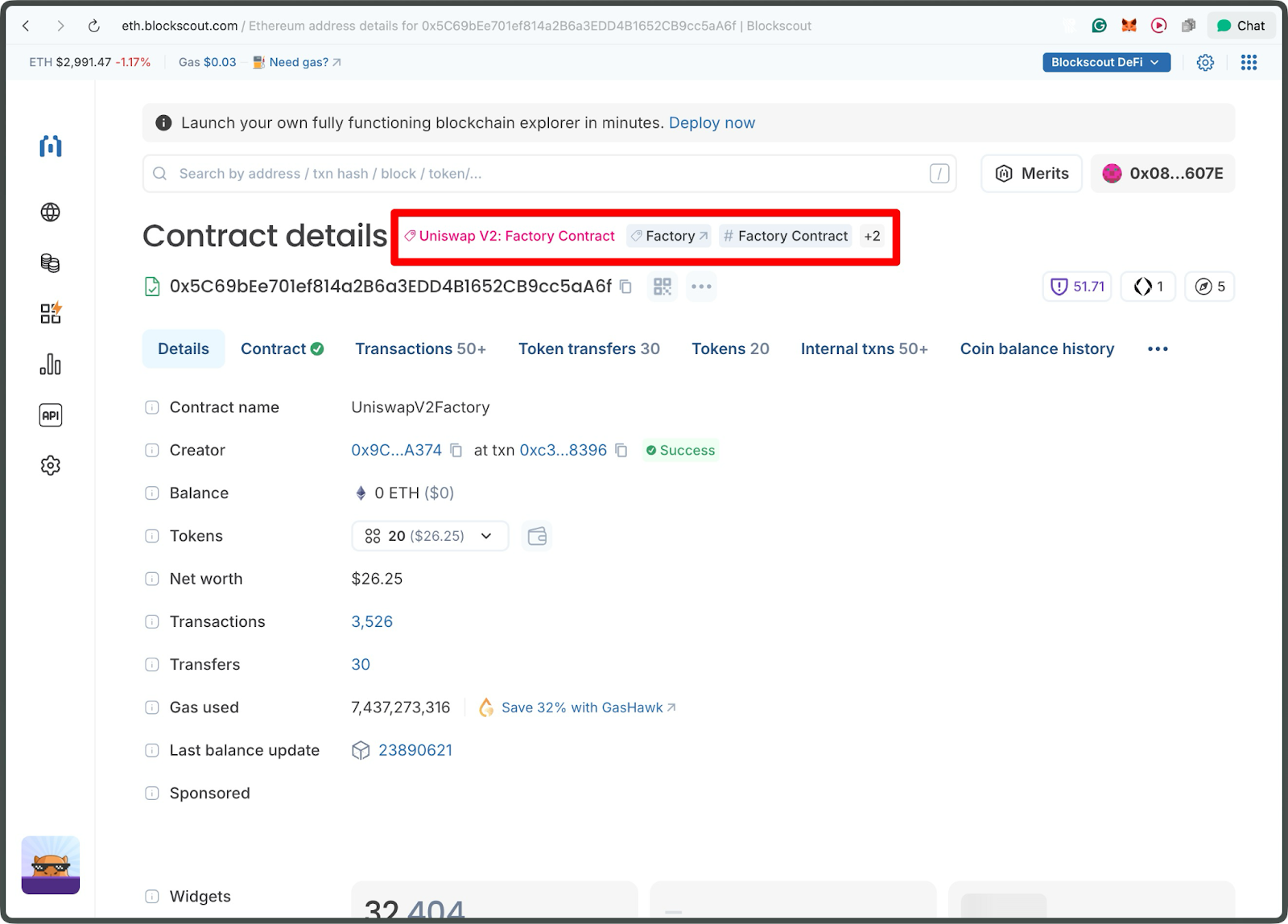 Blockscout Ethereum explorer Contract details page displaying Uniswap V2 Factory smart contract with Factory Contract tags highlighted, showing contract address, creator, balance, and transaction information