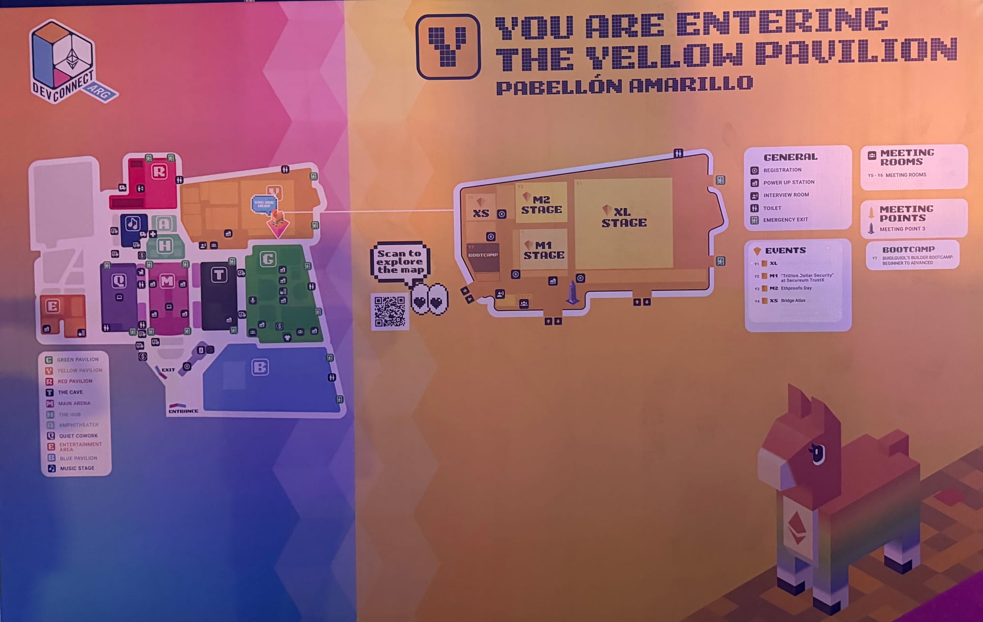 Devconnect Yellow Pavilion (Pabellón Amarillo) interactive venue map displaying stages M1, M2, XL and meeting facilities at Ethereum conference Buenos Aires