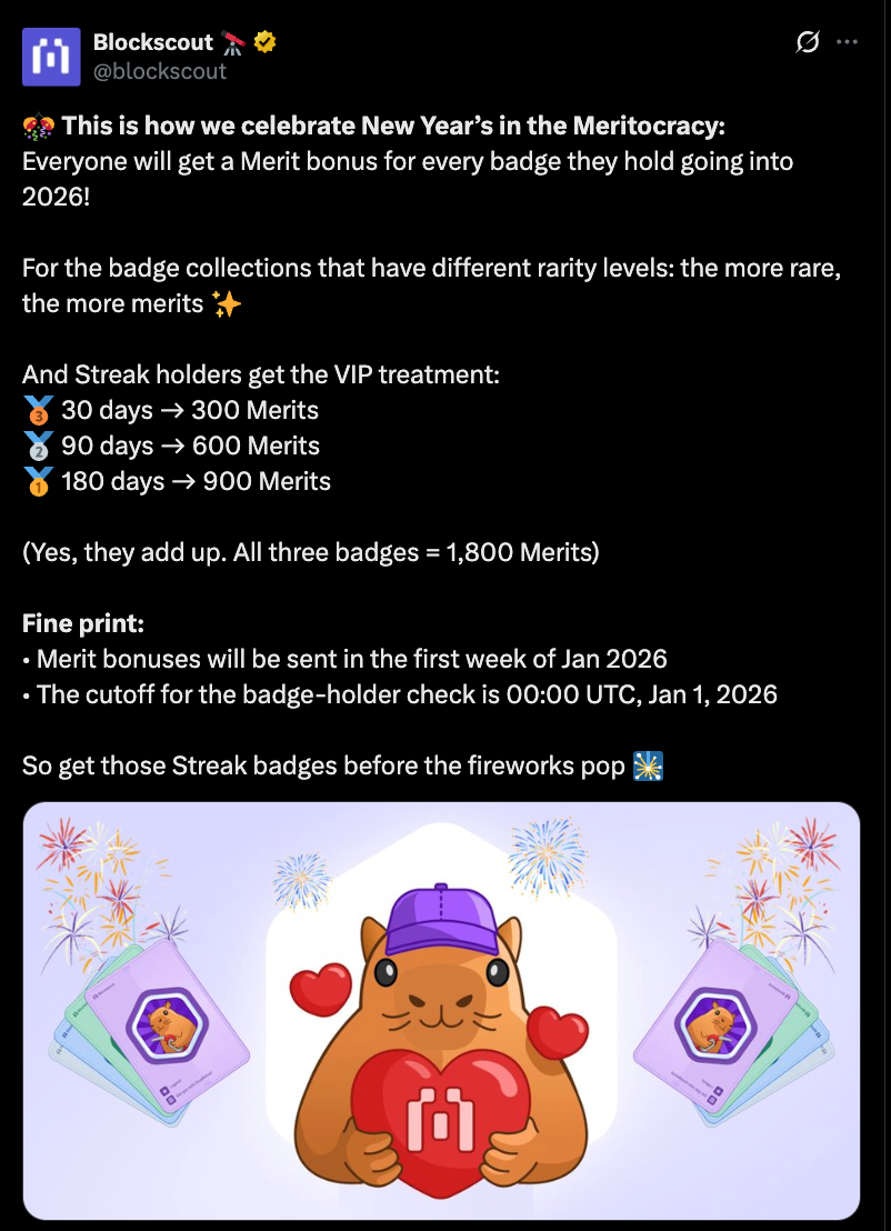 Blockscout twitter post on the merits campaign with different Merits earned for collecting badges
