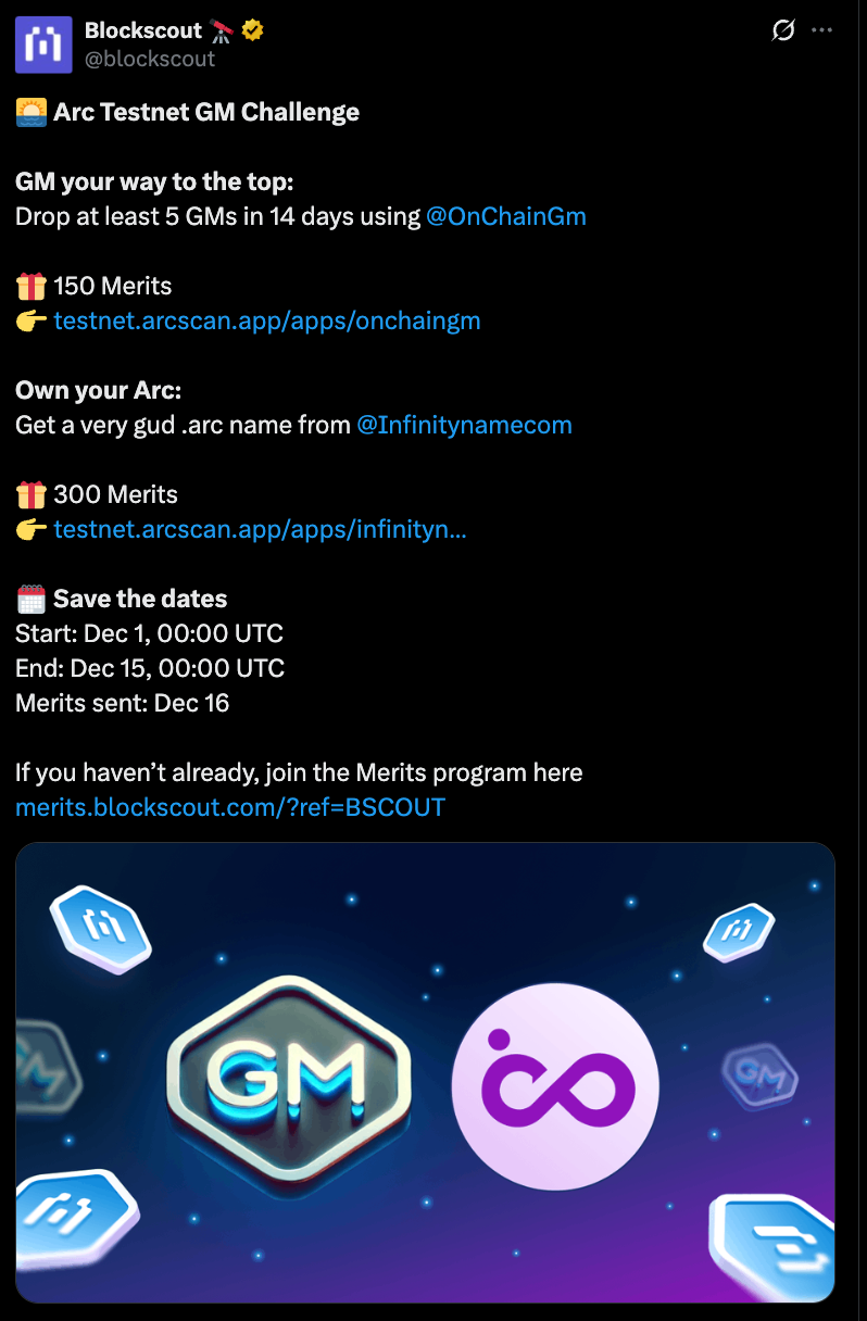 Blockscout X post on the ARC testnet GM challenge