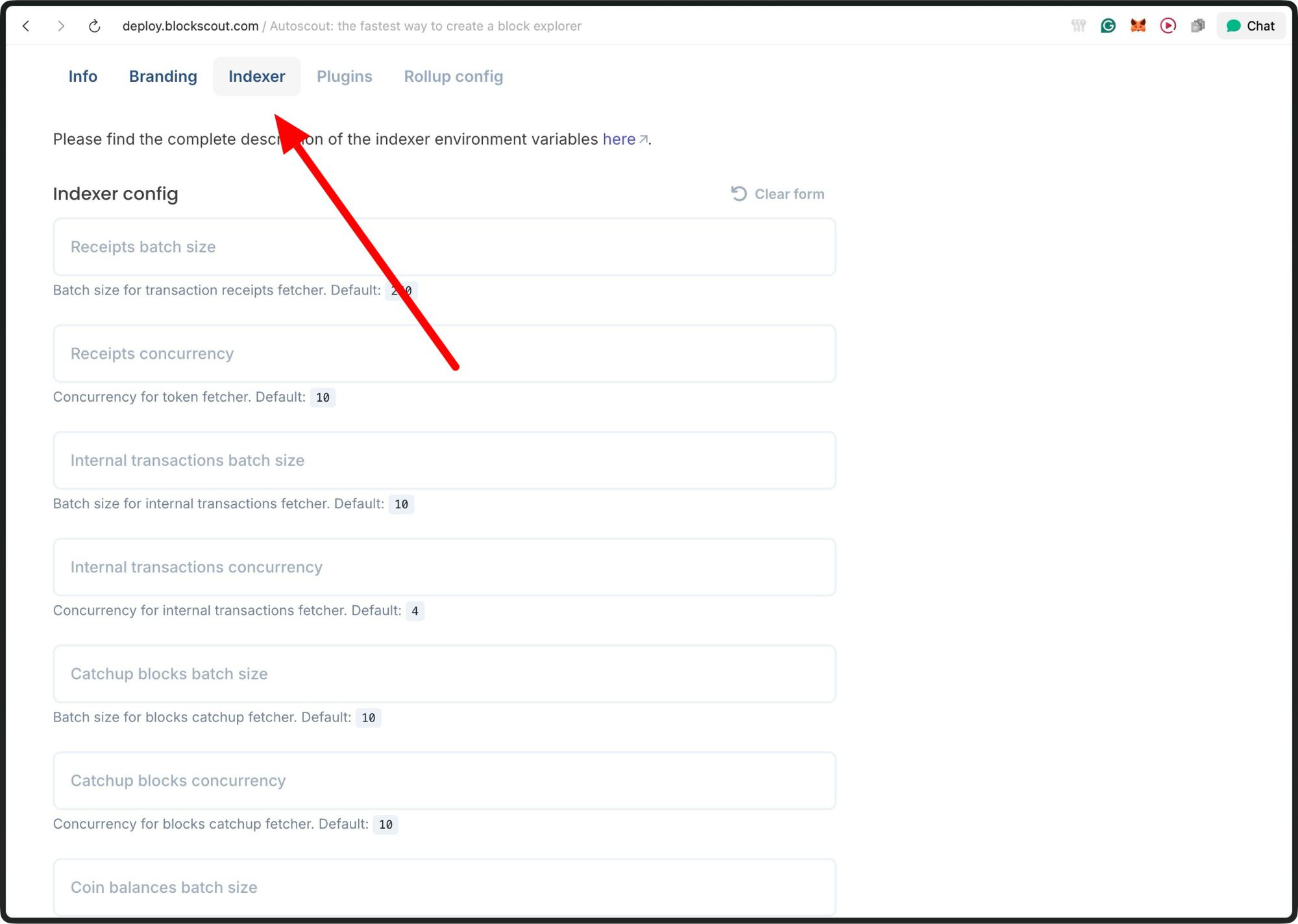 indexer config block explorer autoscout