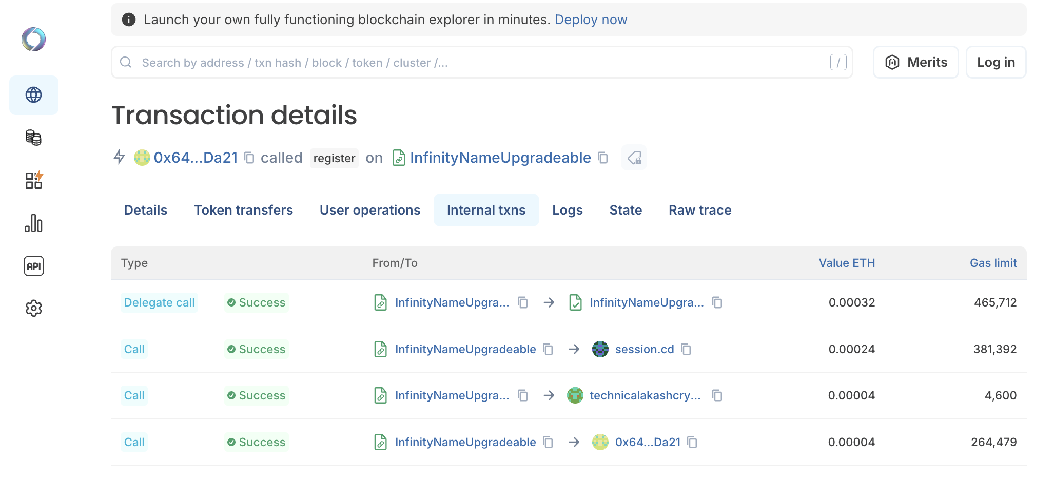 Internal transactions overview block explorer