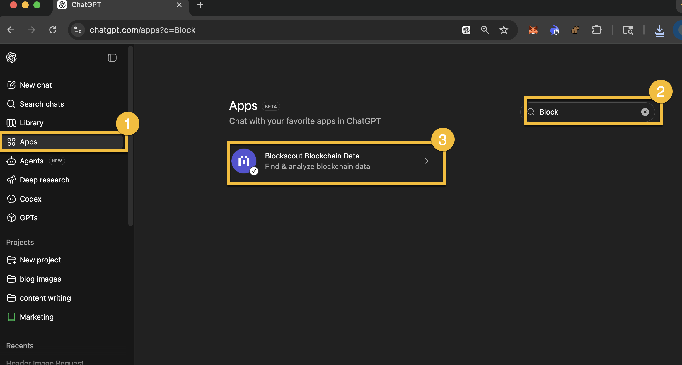 Image shows the flow from chatgpt apps to click on apps, search, enter in blockscout and find the blockchain app