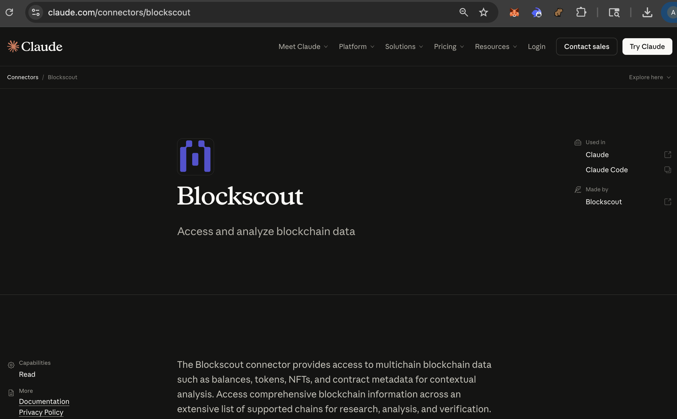 Blockscout's Claude Connectors page