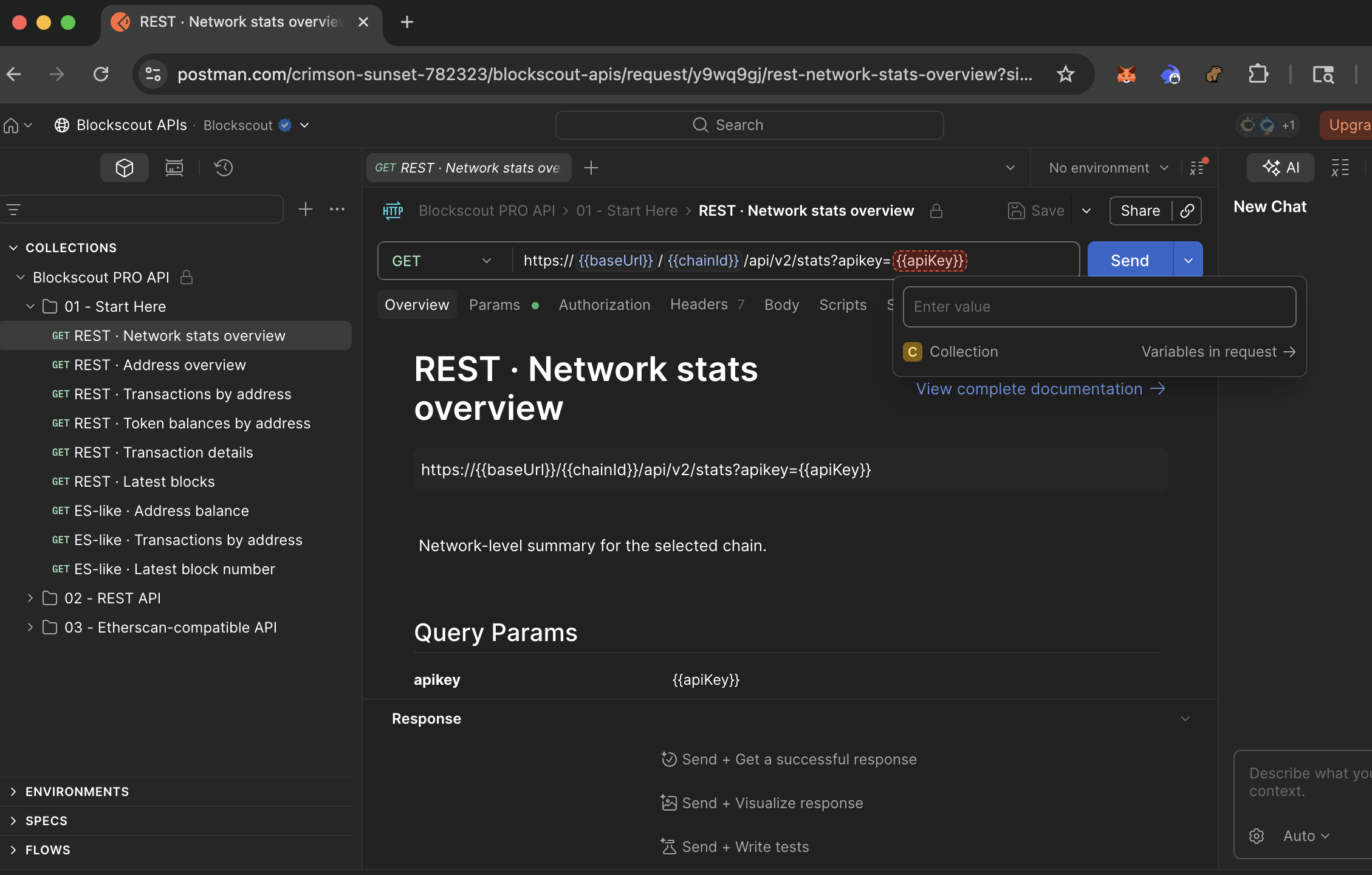Postman collections are shown on the left sidebar, display of the REST - Networks stats overview