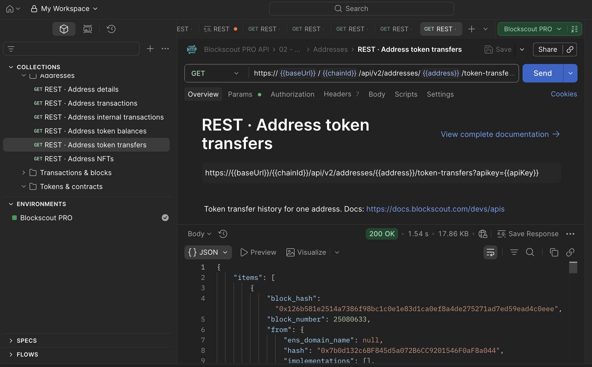 Postman screenshot showing token transfers for the Blockscout API collection