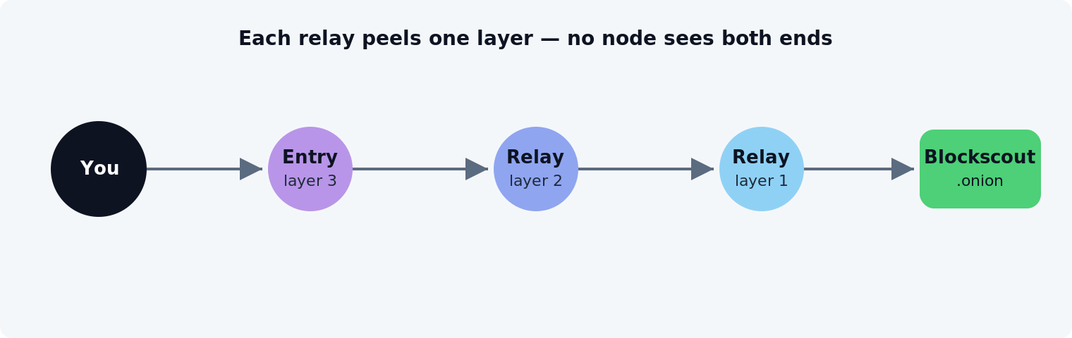 A request travels from you through three Tor relay nodes — entry, relay, relay — each peeling one encryption layer, before reaching the Blockscout .onion service. No single node sees both ends.