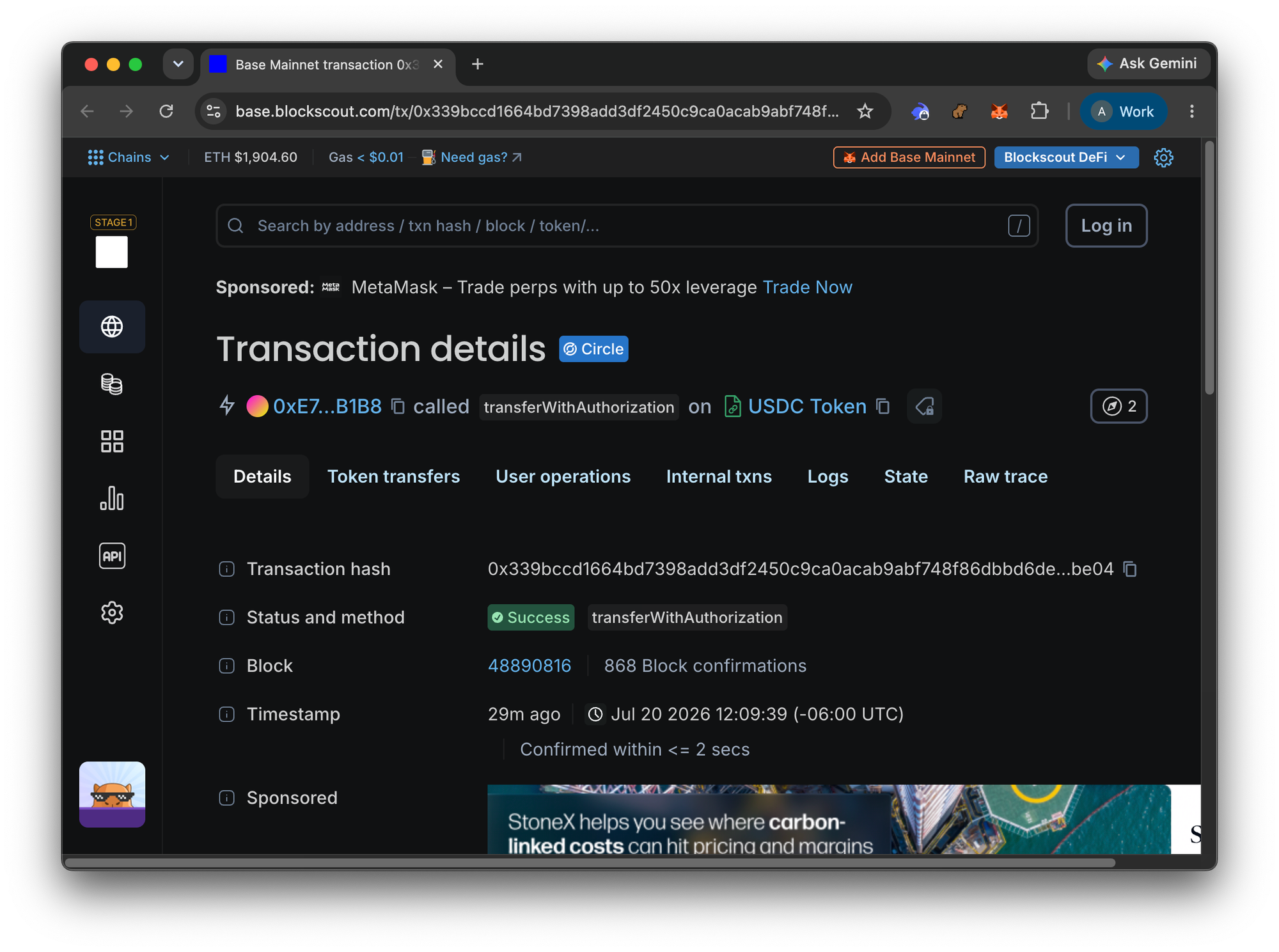 Transactions details for an x402 transaction with Blockscout