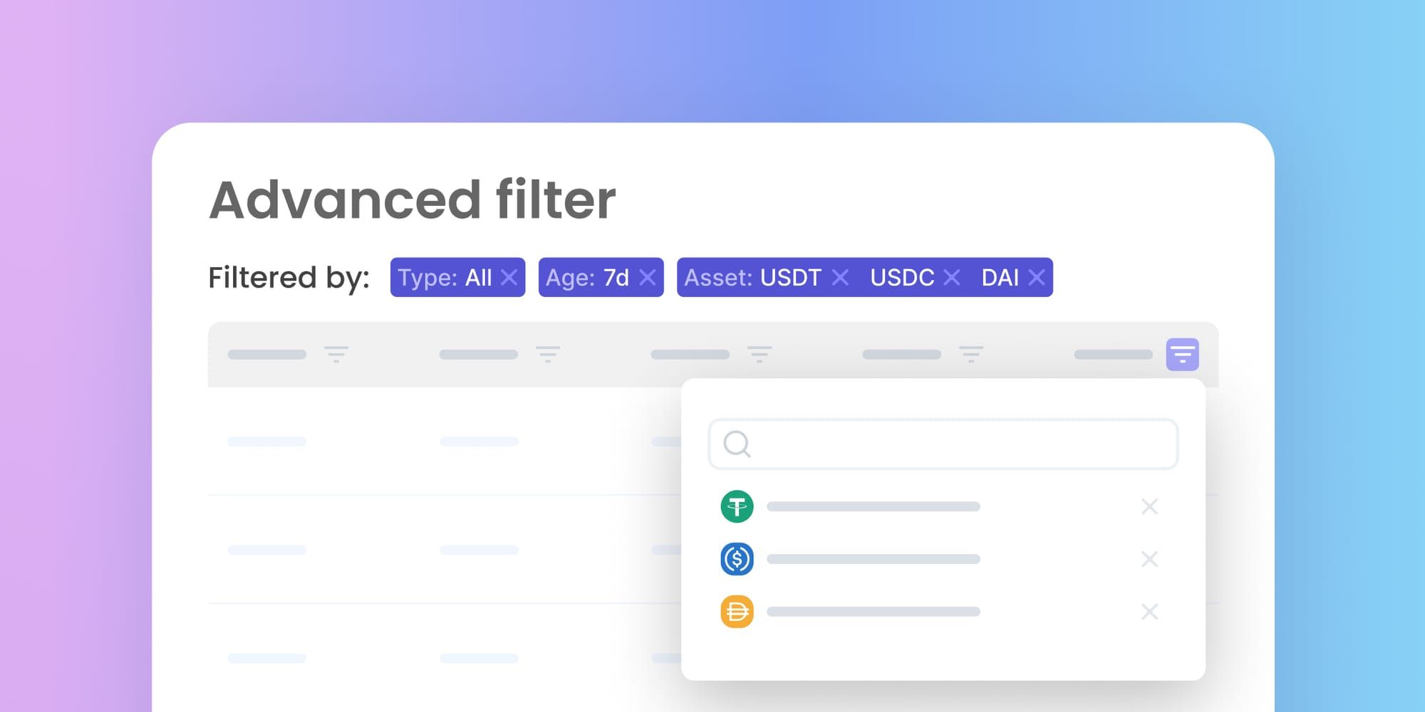 An interface showcasing Blockscout's advanced filter with tags for type, age, and selected assets like USDT, USDC, and DAI.