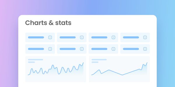 Dashboard interface titled 'Charts & stats' displaying simplified blue graphical widgets and trend line charts, on a gradient purple-blue background