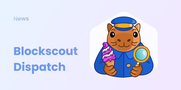 Blockscout Dispatch news logo featuring cartoon capybara mascot holding ice cream cone and magnifying glass